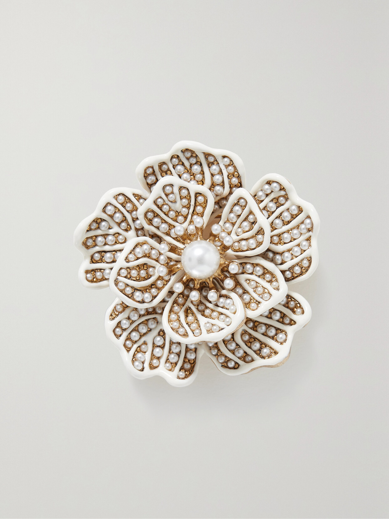 Oscar de la Renta - Broken Flower Gold-tone, Faux Pearl And Enamel Brooch - Ivory