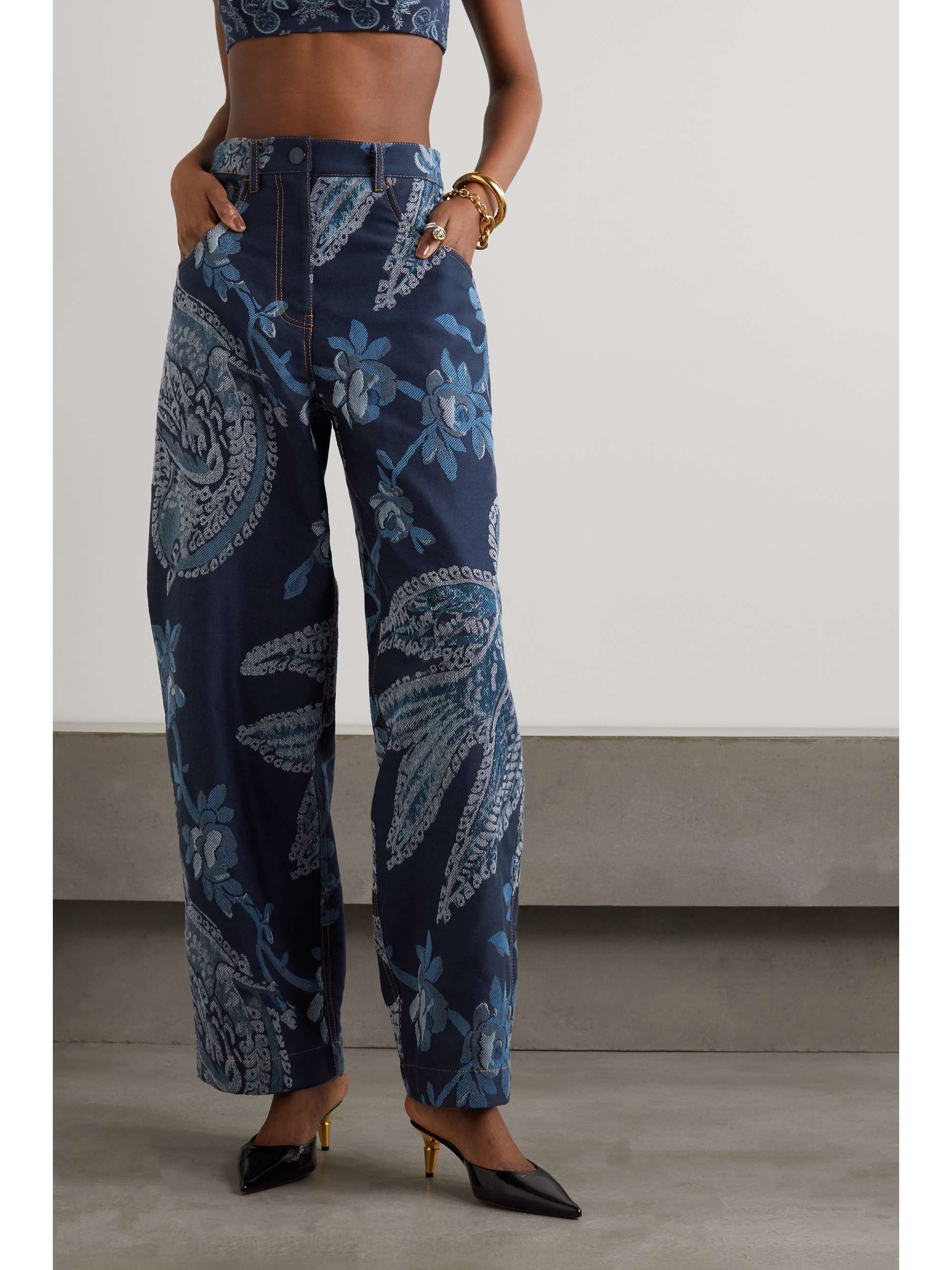 ETRO Appliquéd floral-jacquard high-rise wide-leg jeans