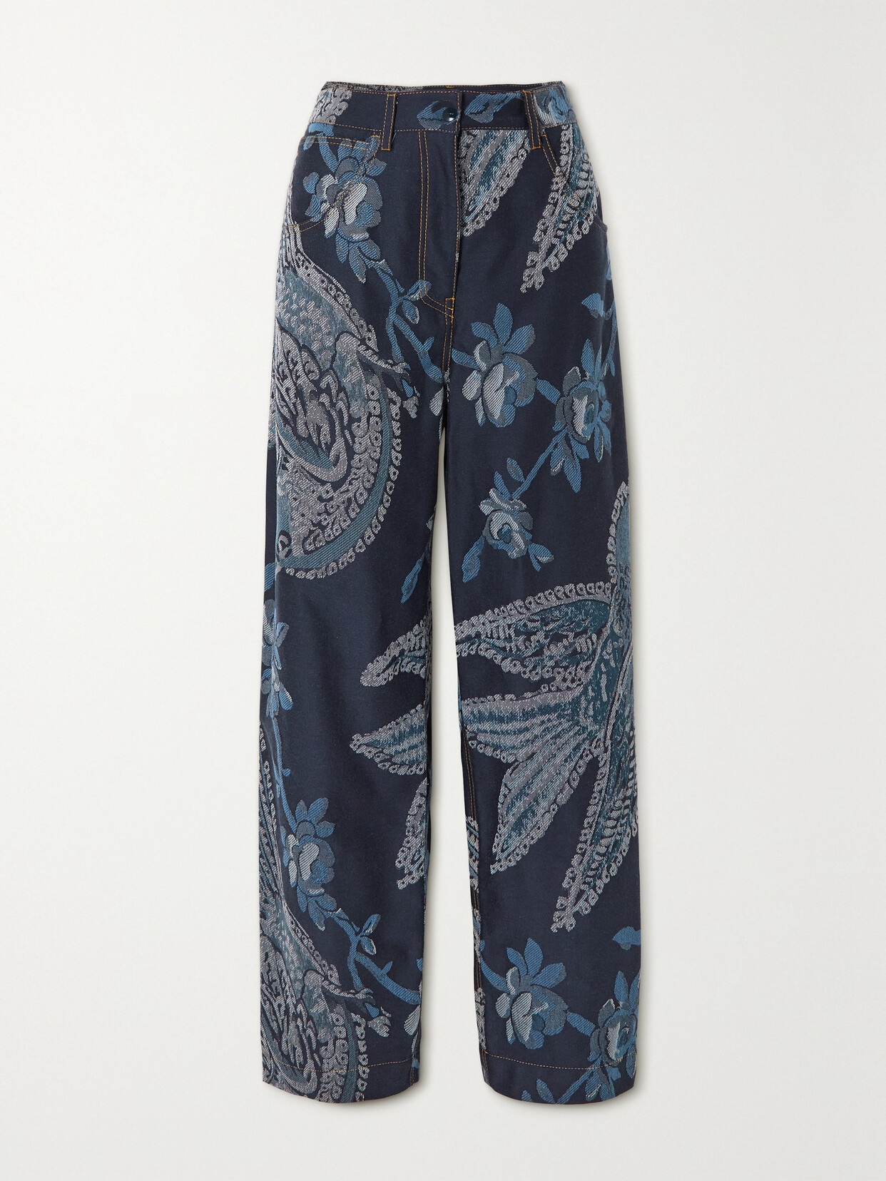 Etro Appliquéd Floral-jacquard High-rise Wide-leg Jeans In Blau