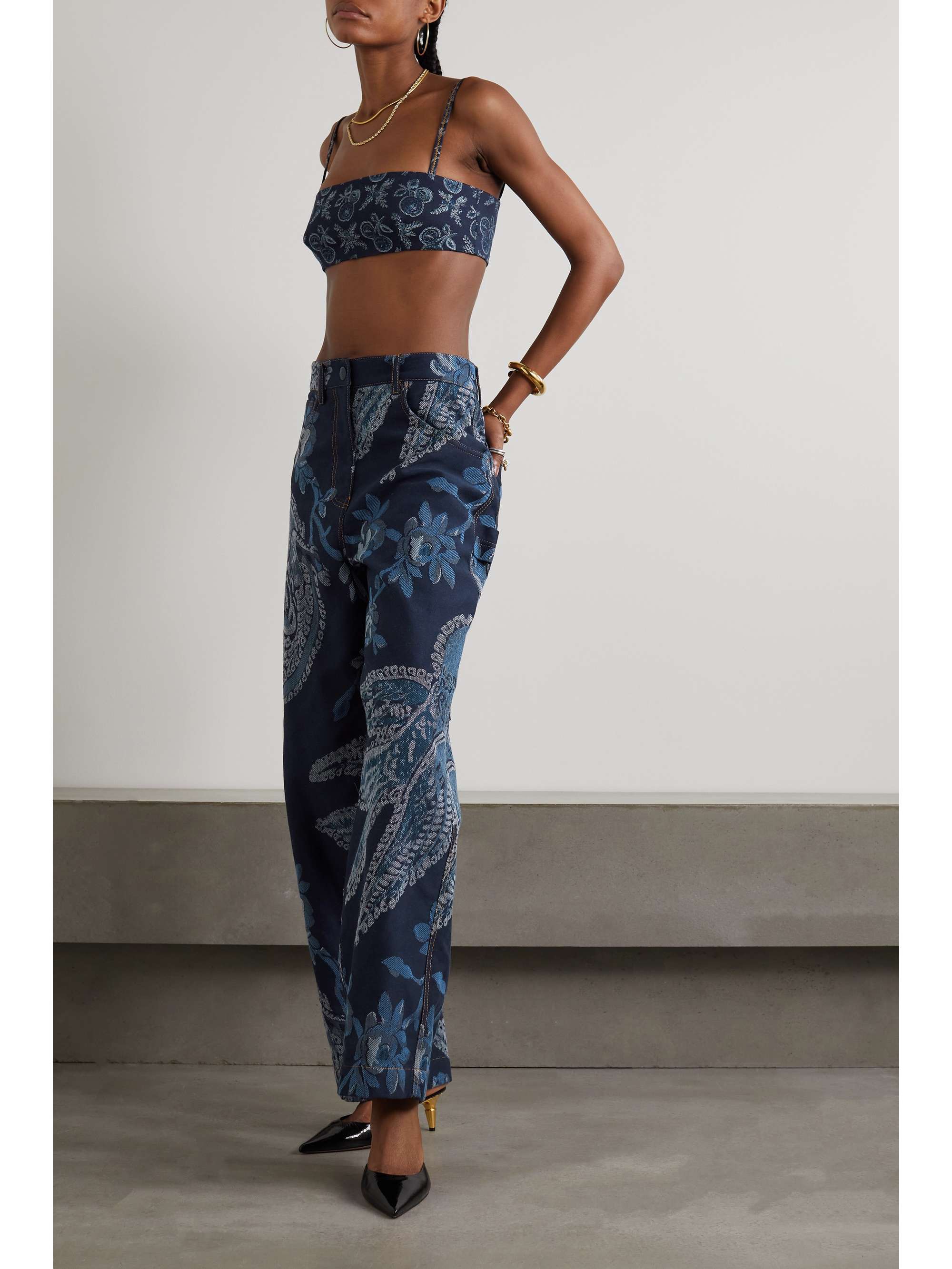 ETRO Appliquéd floral-jacquard high-rise wide-leg jeans
