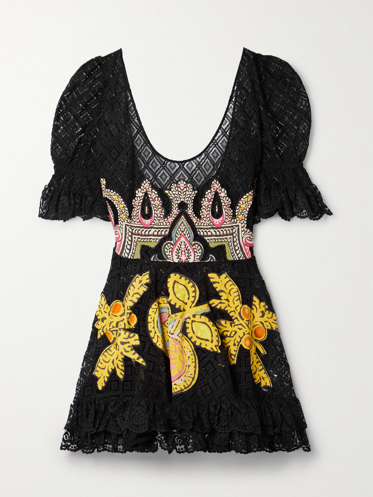 Etro Ruffled Appliquéd Cotton-blend Lace And Crepe De Chine Mini Dress - Black