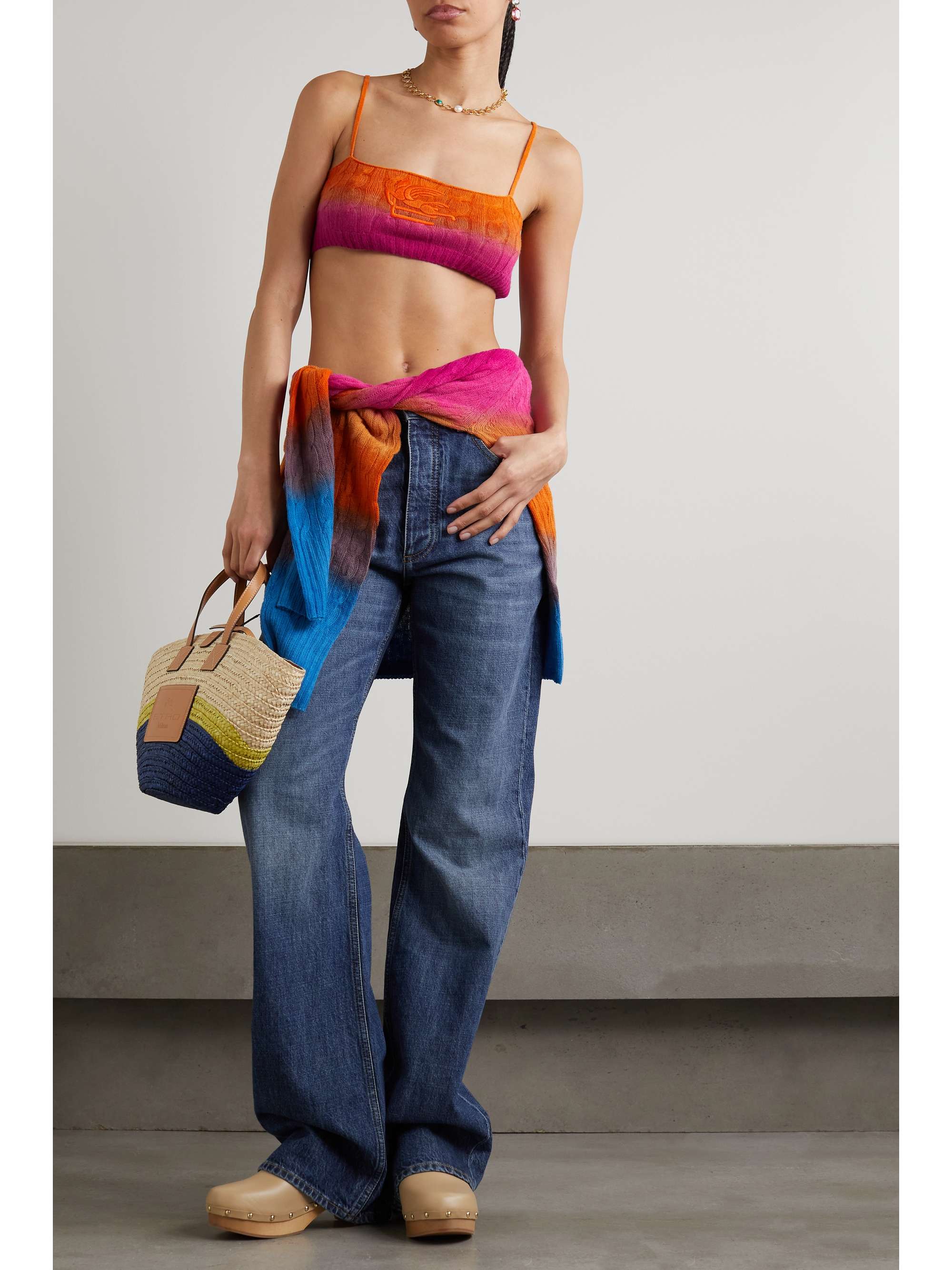 ETRO Cropped embroidered dégradé cable-knit wool top