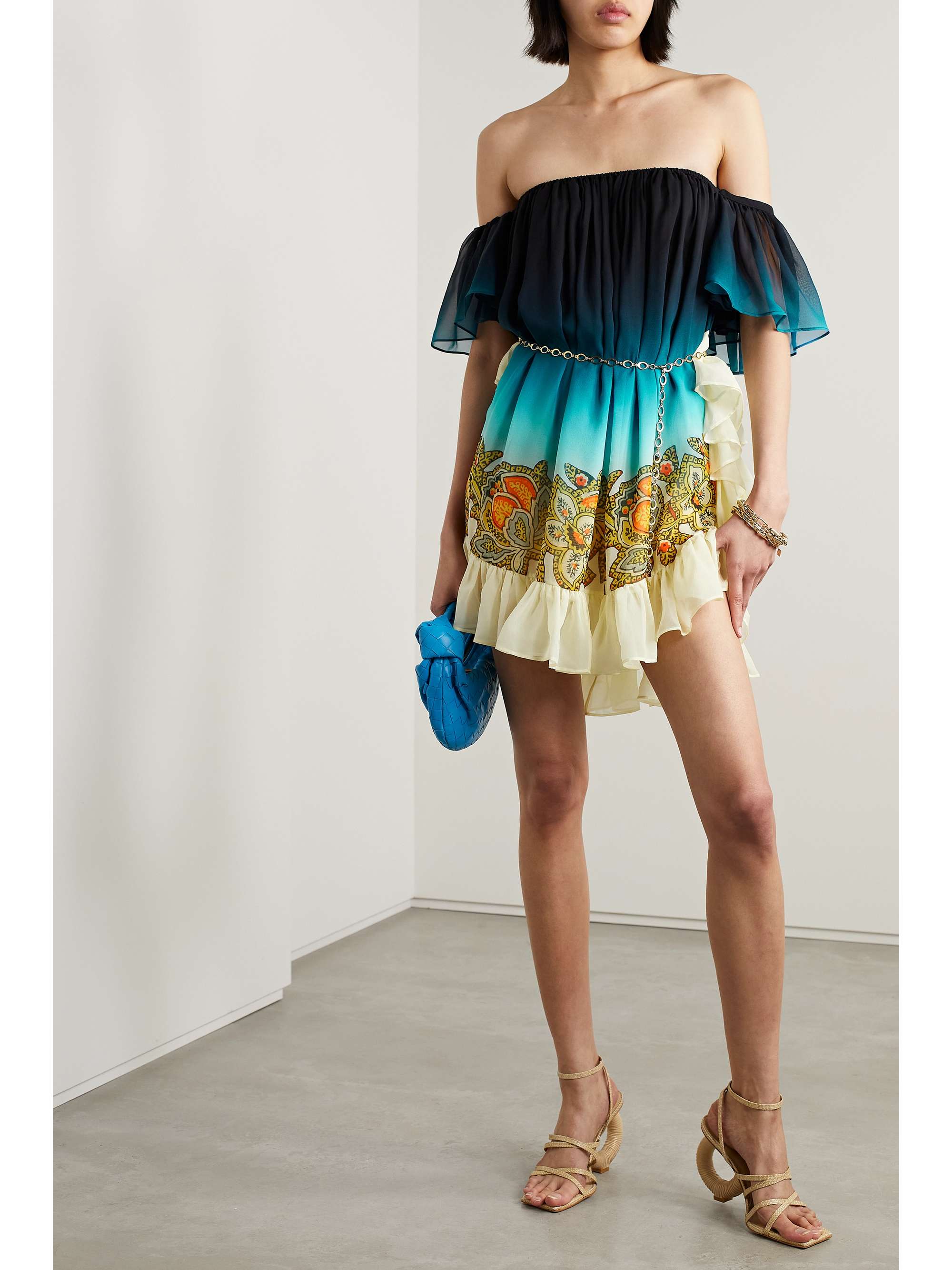 ETRO シルクシフォン オフショルダー ミニワンピース プリント入り