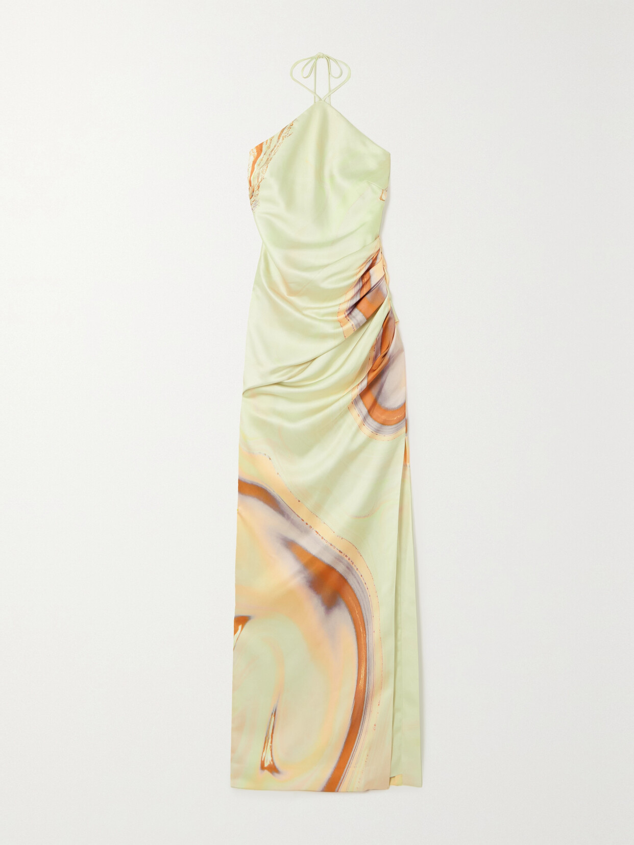 Simkhai Hansel Ruched Printed Satin Halterneck Gown In Off-white