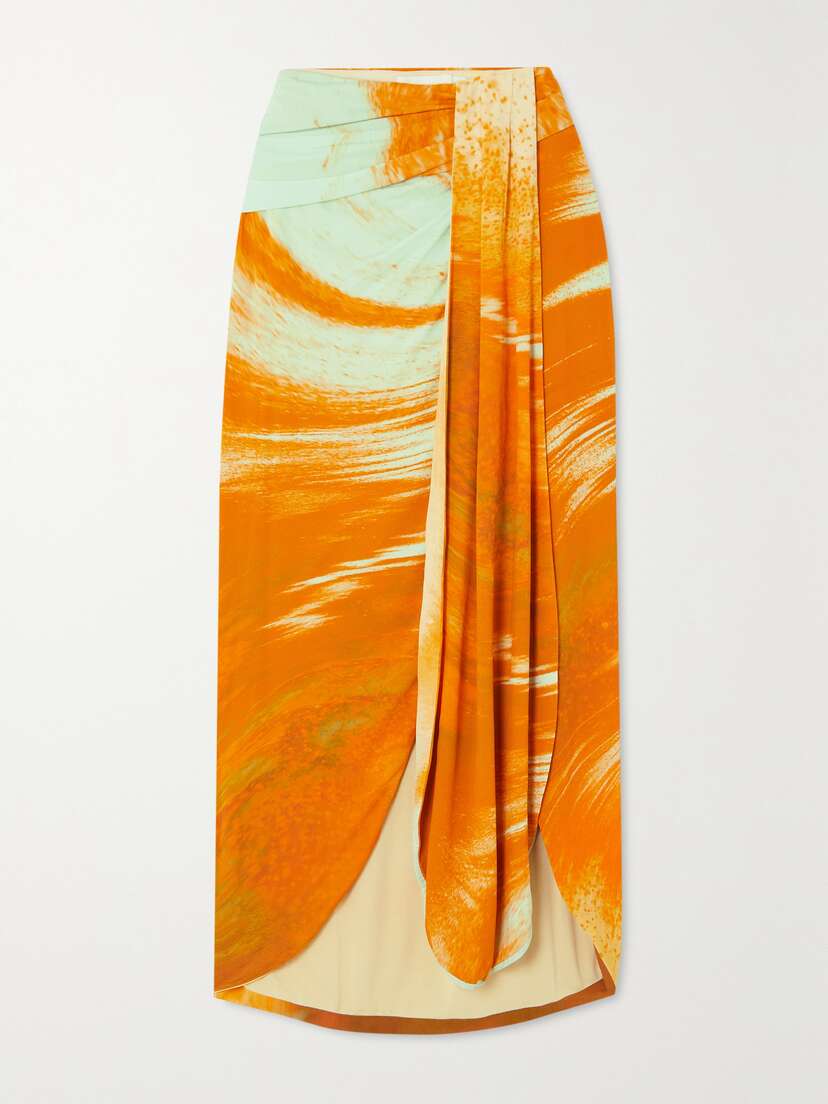 Simkhai Gwena Asymmetric Draped Printed Jersey Midi Skirt