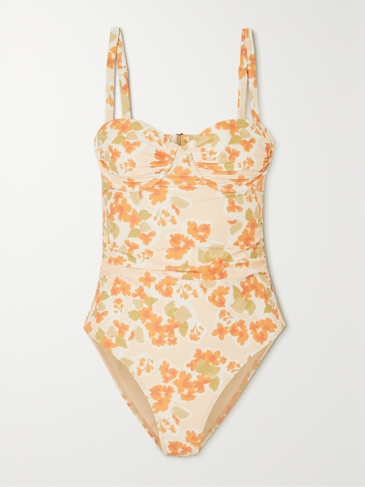Peony + Net Sustain Ruched Floral-print Underwired Stretch-econyl Swimsuit - Orange