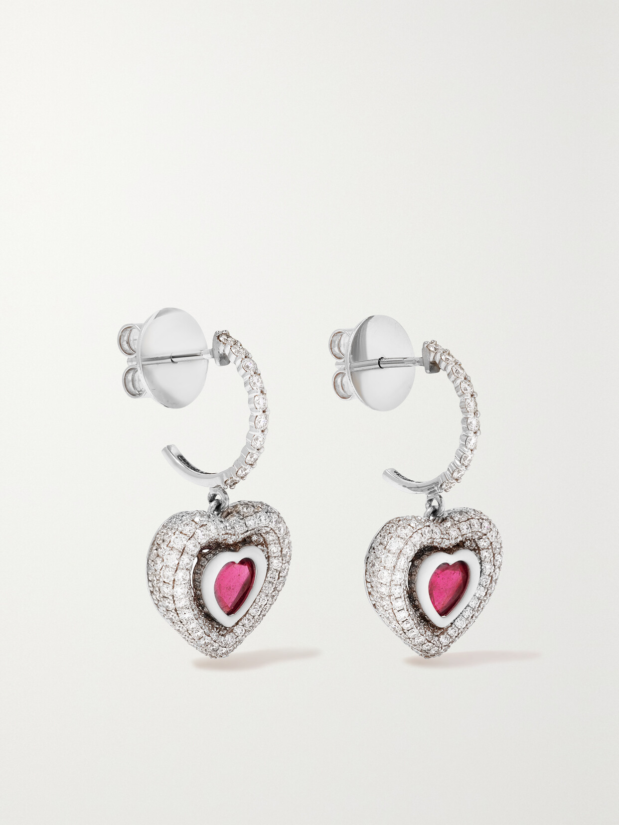 Kamyen - Manaal Heart 18-karat White Gold, Enamel, Ruby And Diamond Earrings - One size