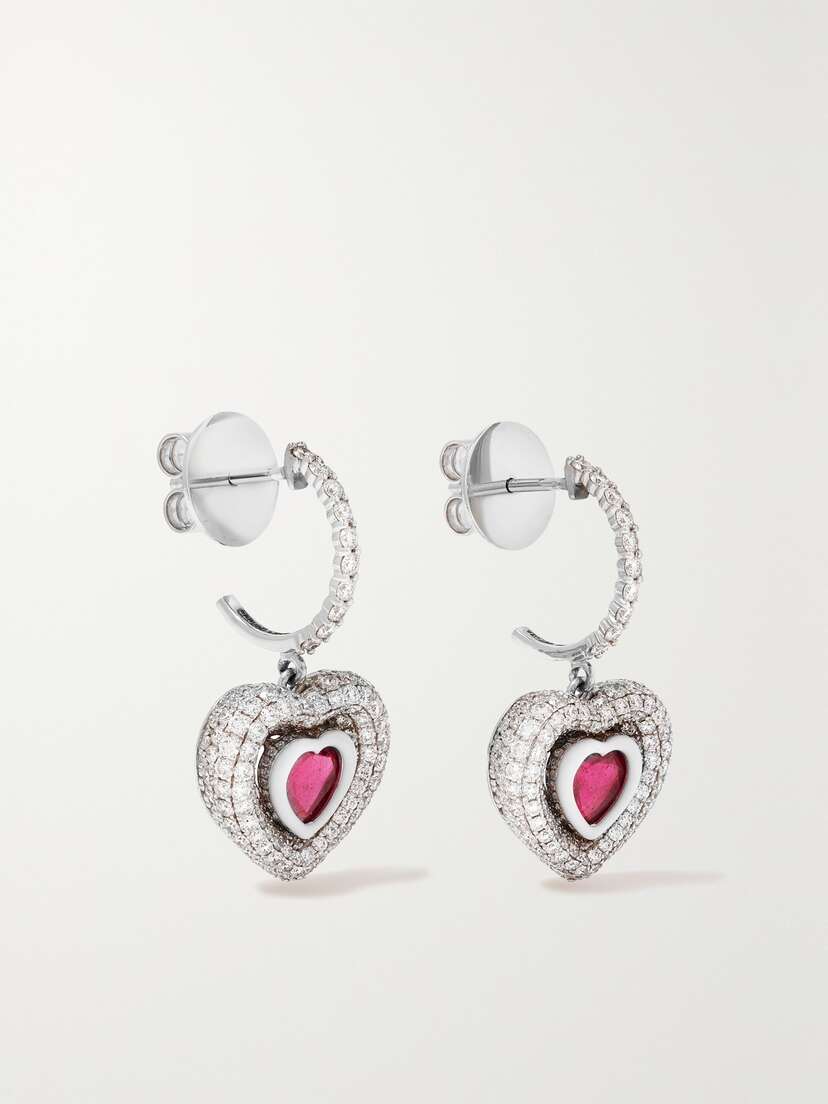 Kamyen Manaal Heart 18-karat White Gold, Enamel, Ruby And Diamond Earrings