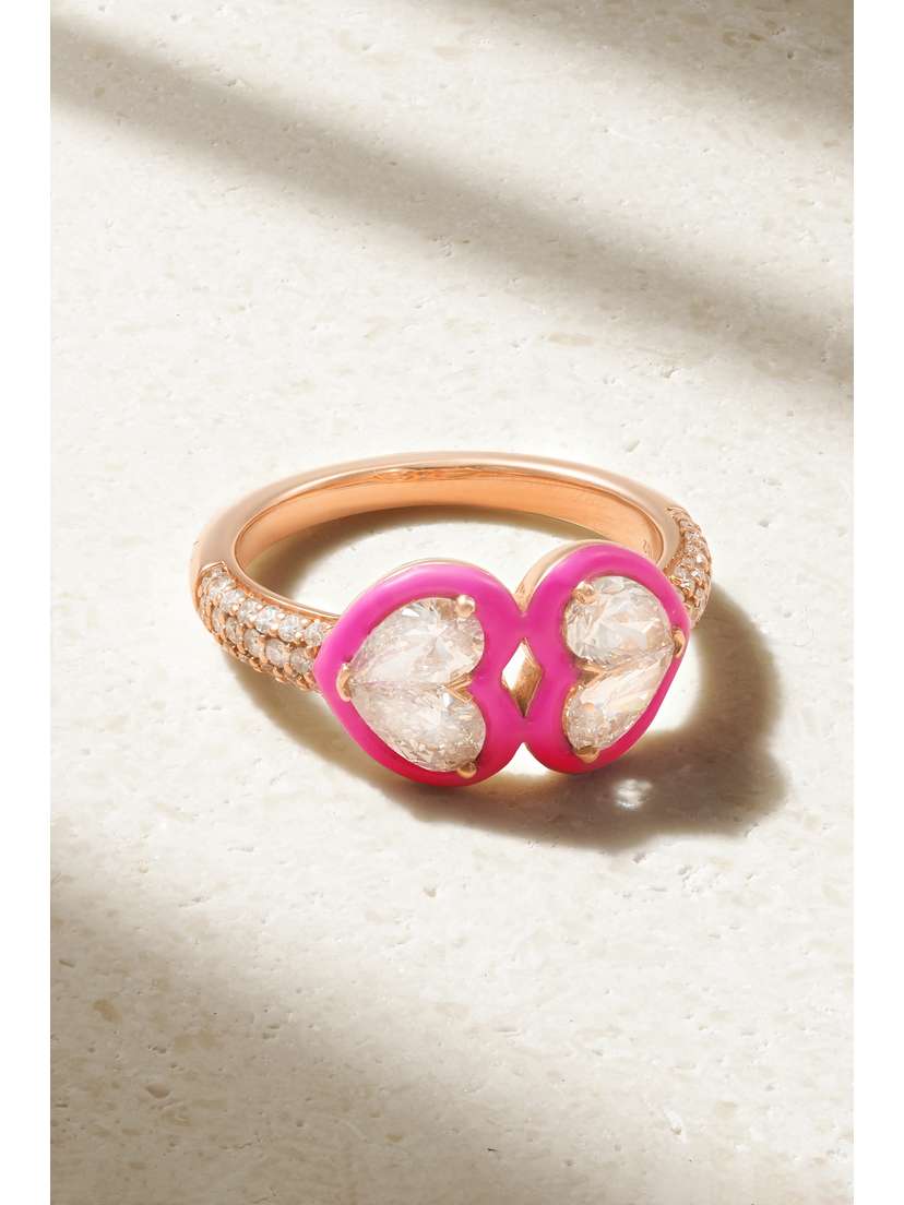 Kamyen Heart 18-karat Rose Gold, Diamond And Enamel Ring