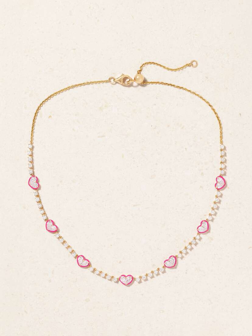 Kamyen Twin Heart 18-karat Rose Gold, Diamond And Enamel Necklace