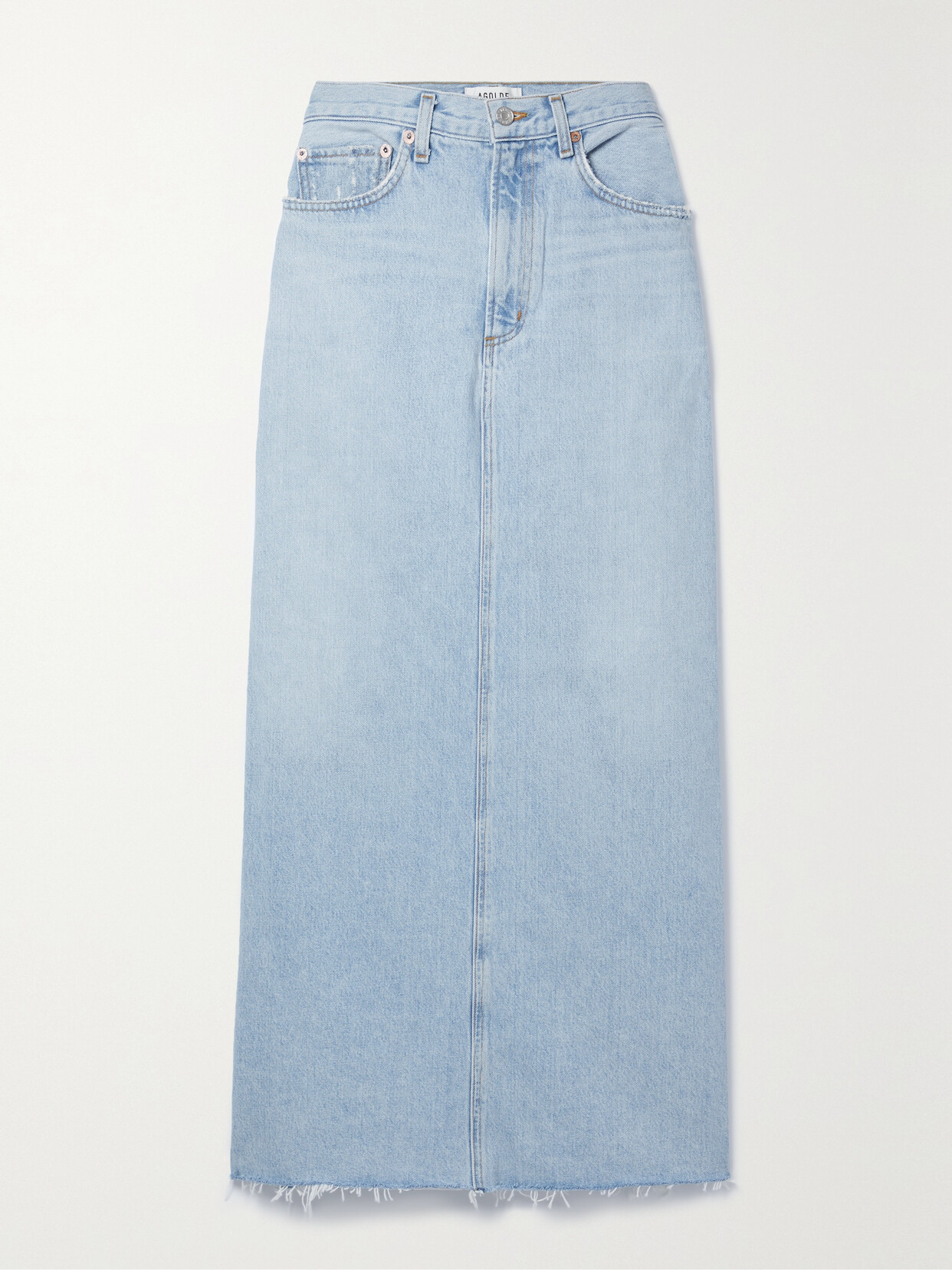 Shop Agolde + Net Sustain Hilla Frayed Organic Denim Maxi Skirt In Blue