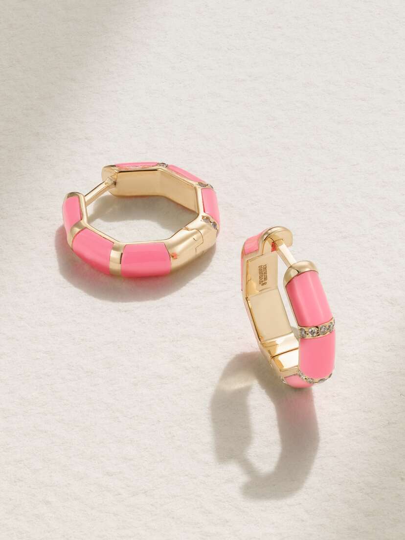 L’Atelier Nawbar Bamboo 18-karat Gold, Enamel And Diamond Hoop Earrings