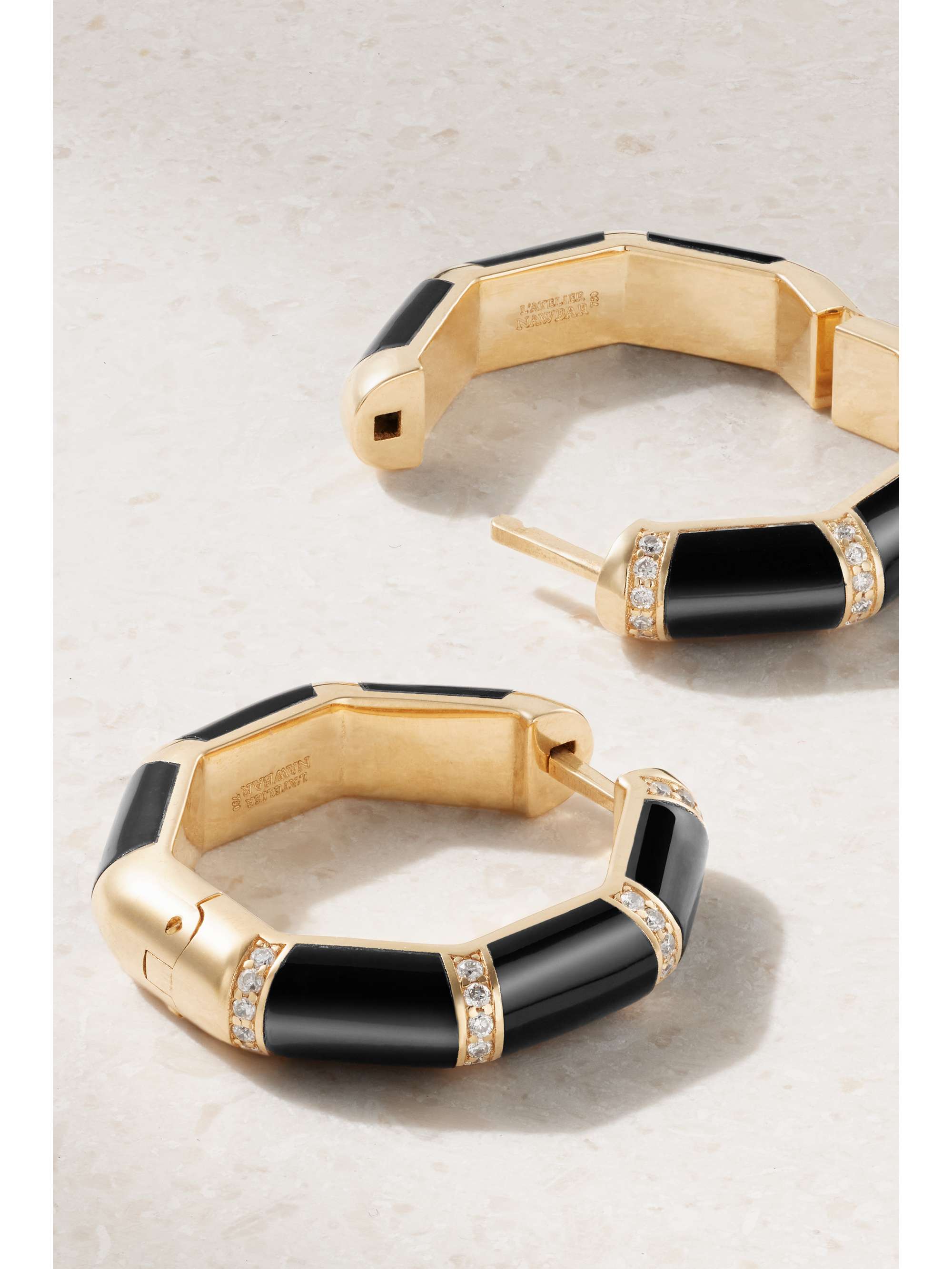 L'ATELIER NAWBAR Bamboo 18-karat gold, onyx and diamond hoop earrings