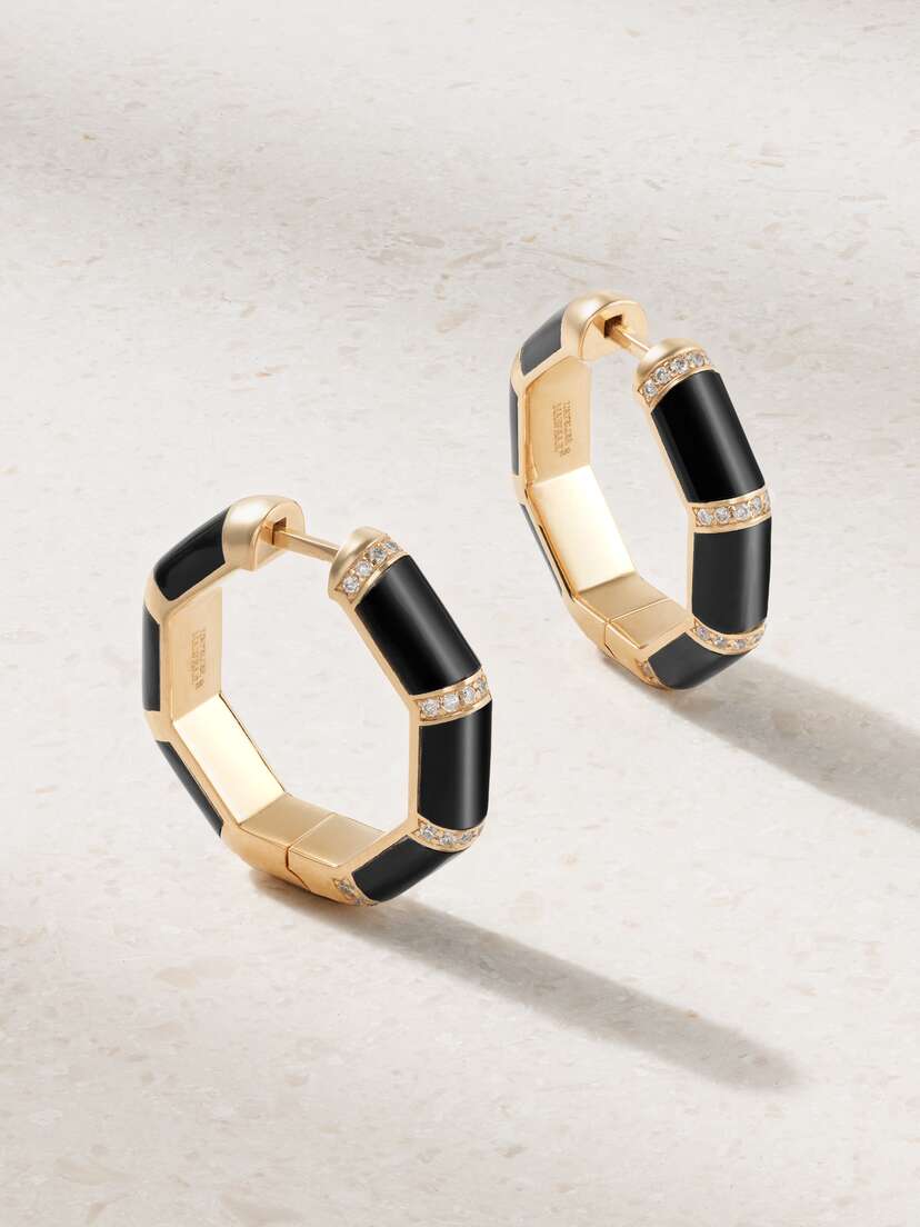 L’Atelier Nawbar Bamboo 18-karat Gold, Onyx And Diamond Hoop Earrings