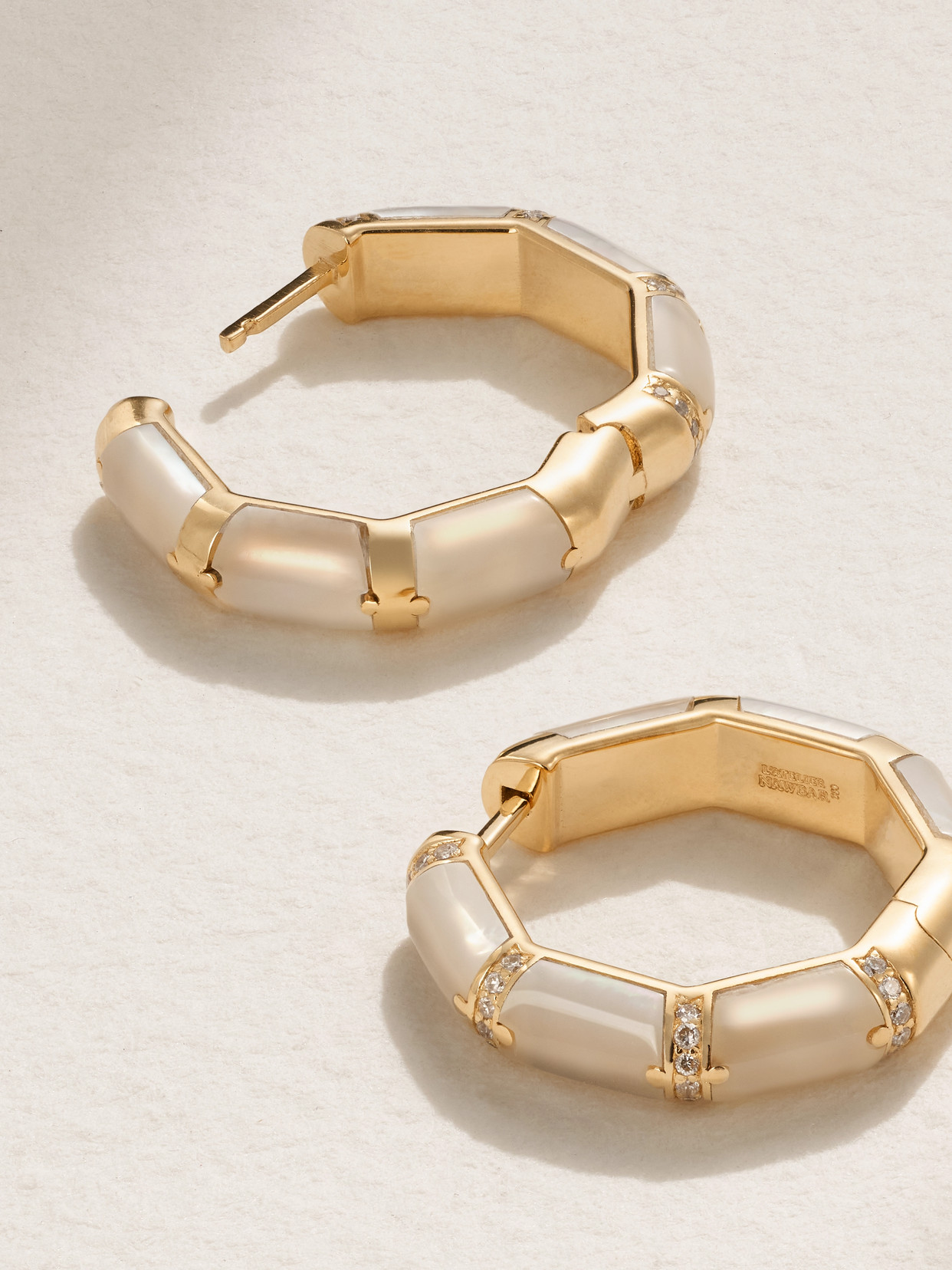 Shop L'atelier Nawbar Bamboo 18-karat Gold, Mother-of-pearl And Diamond Hoop Earrings