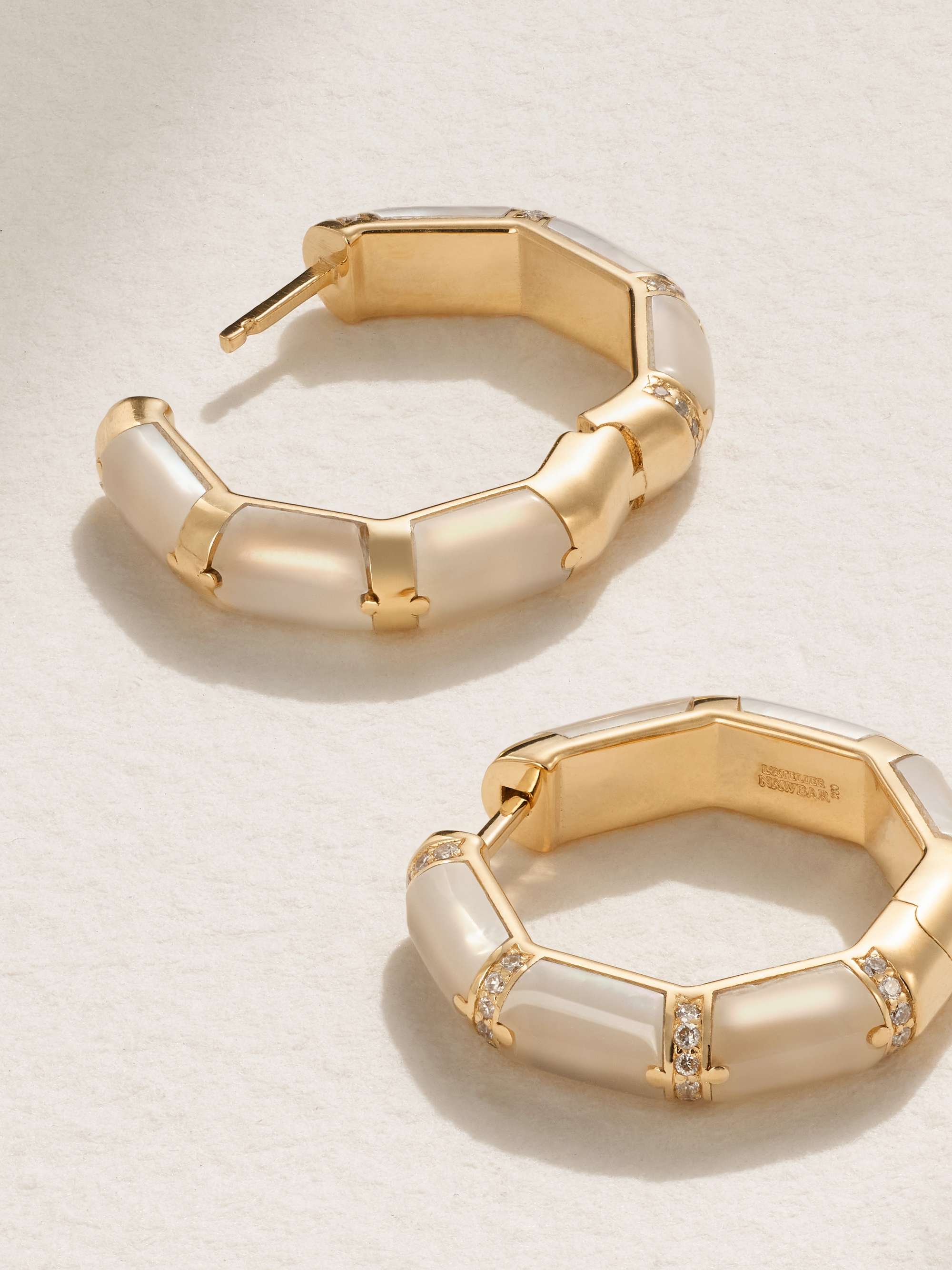 L'ATELIER NAWBAR Bamboo 18-karat gold, mother-of-pearl and diamond hoop earrings
