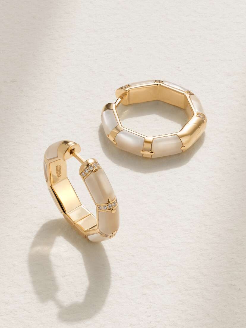 L’Atelier Nawbar Bamboo 18-karat Gold, Mother-of-pearl And Diamond Hoop Earrings