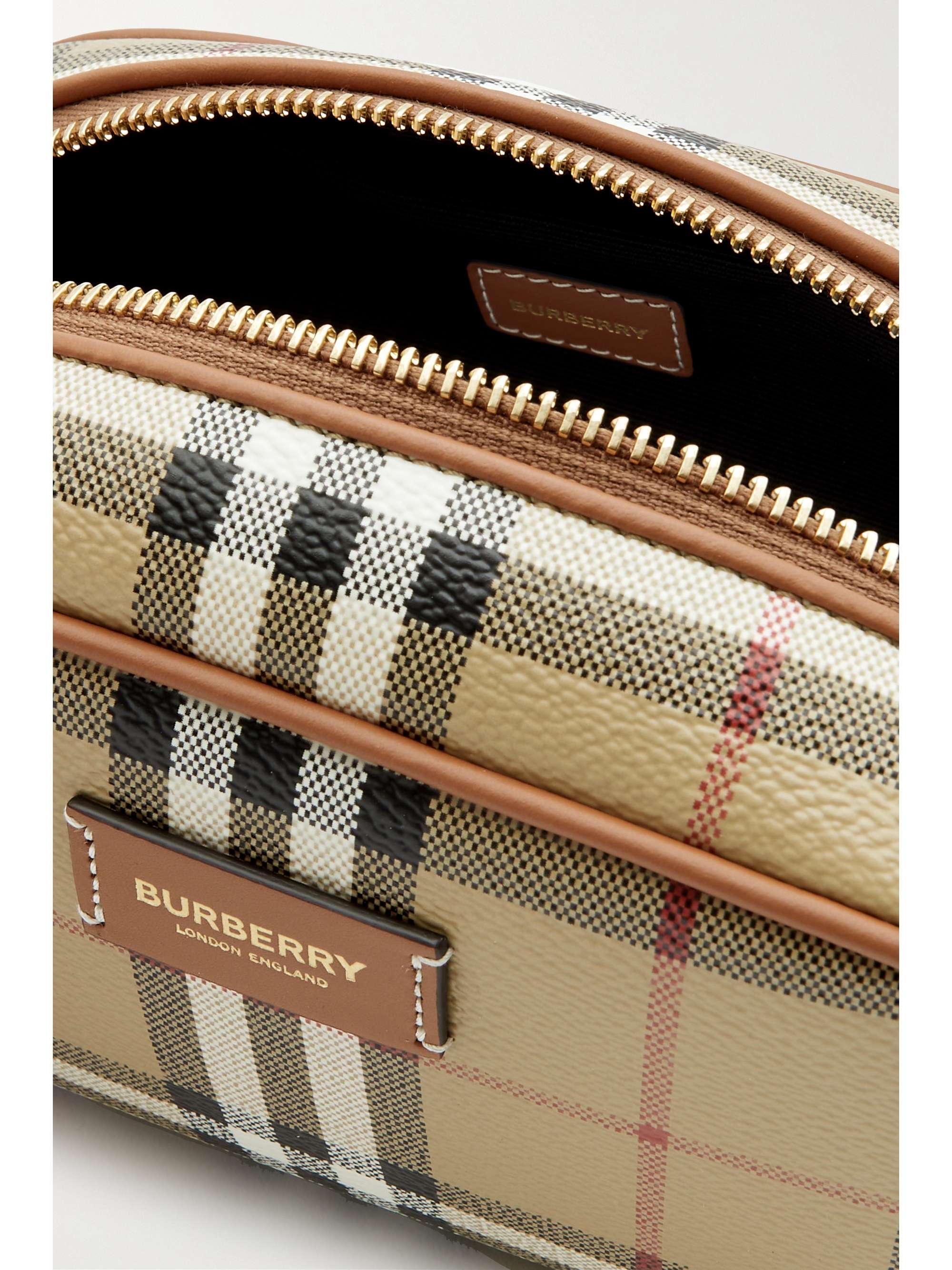 BURBERRY Kosmetiktasche aus kariertem Kunstleder mit Lederbesätzen