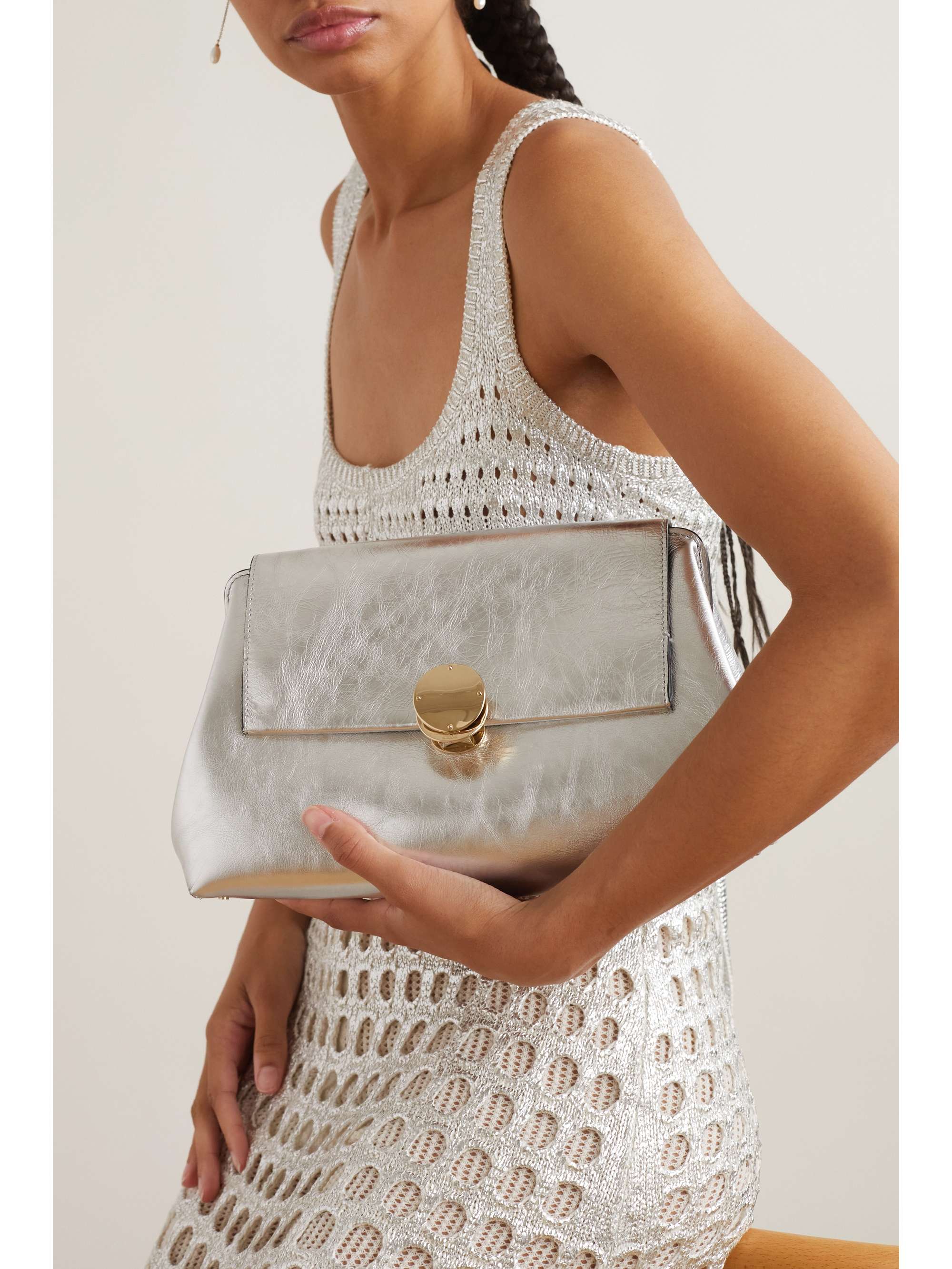 CHLOÉ + NET SUSTAIN Penelope metallic crinkled-leather clutch