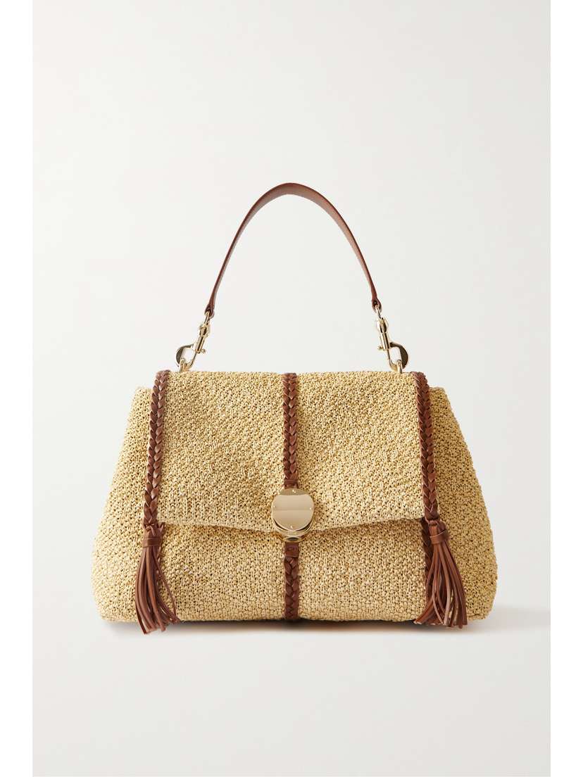 Chloé Penelope Medium Braided Leather-trimmed Raffia Tote