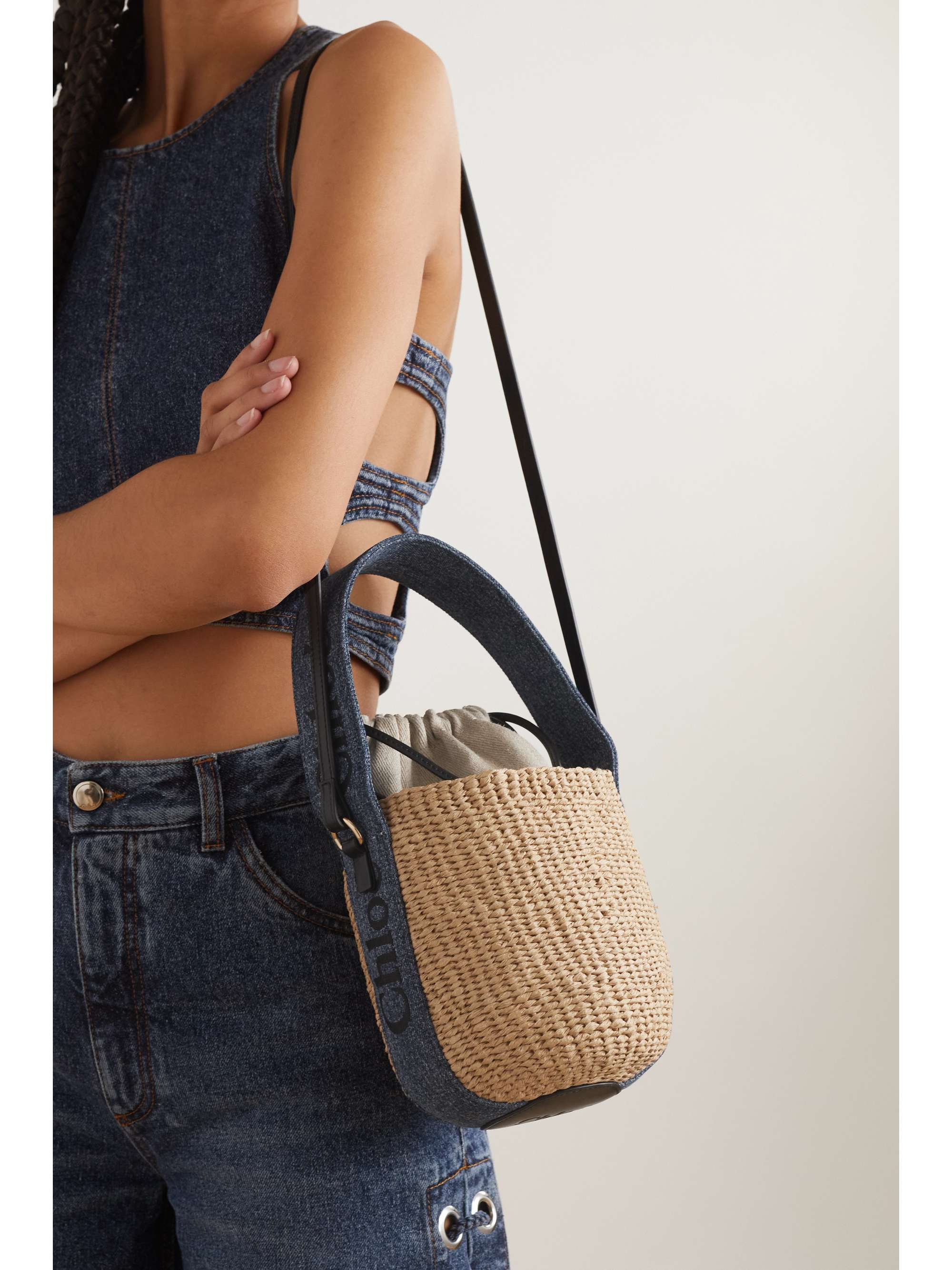 CHLOÉ + NET SUSTAIN Woody small denim-trimmed raffia basket bag