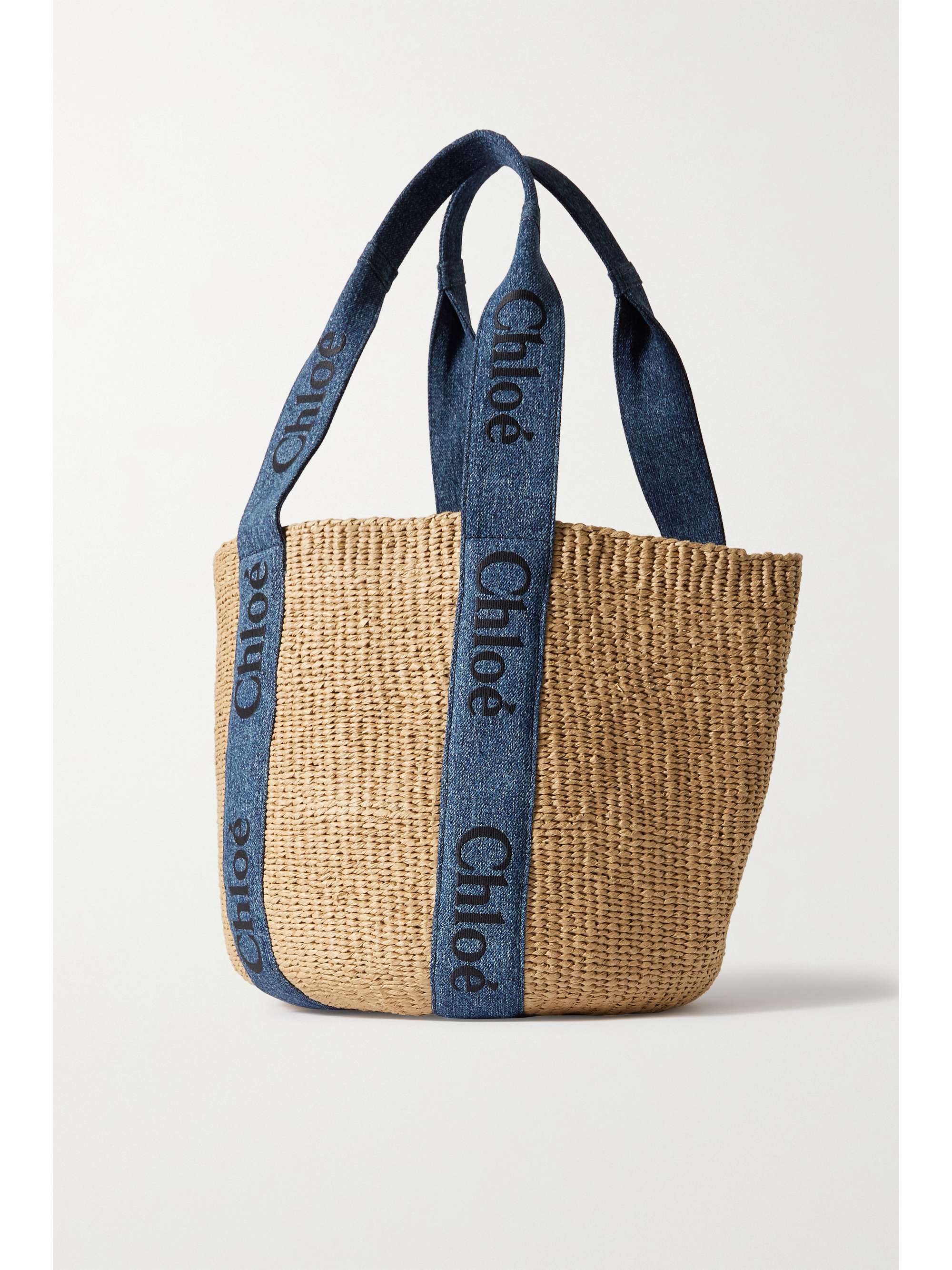 CHLOÉ + NET SUSTAIN Woody large embroidered denim and raffia tote