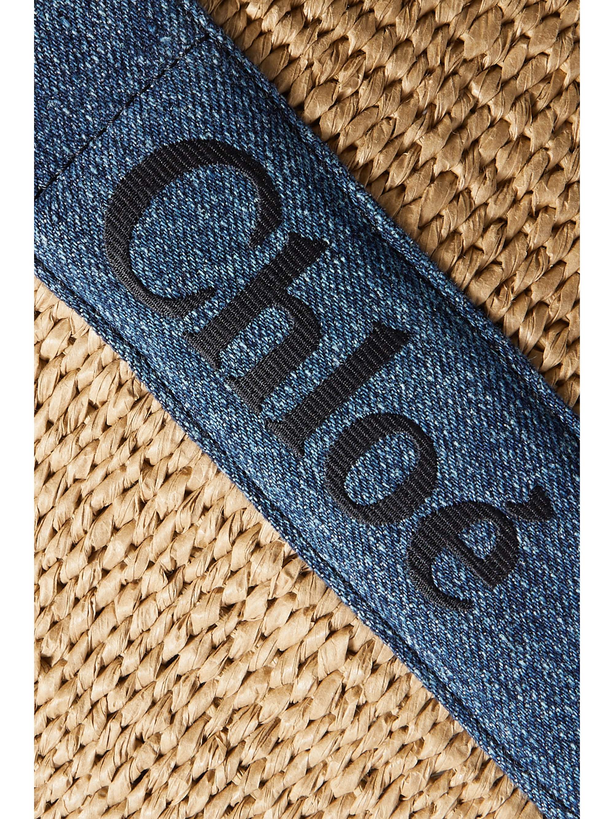 CHLOÉ + NET SUSTAIN Woody large embroidered denim and raffia tote