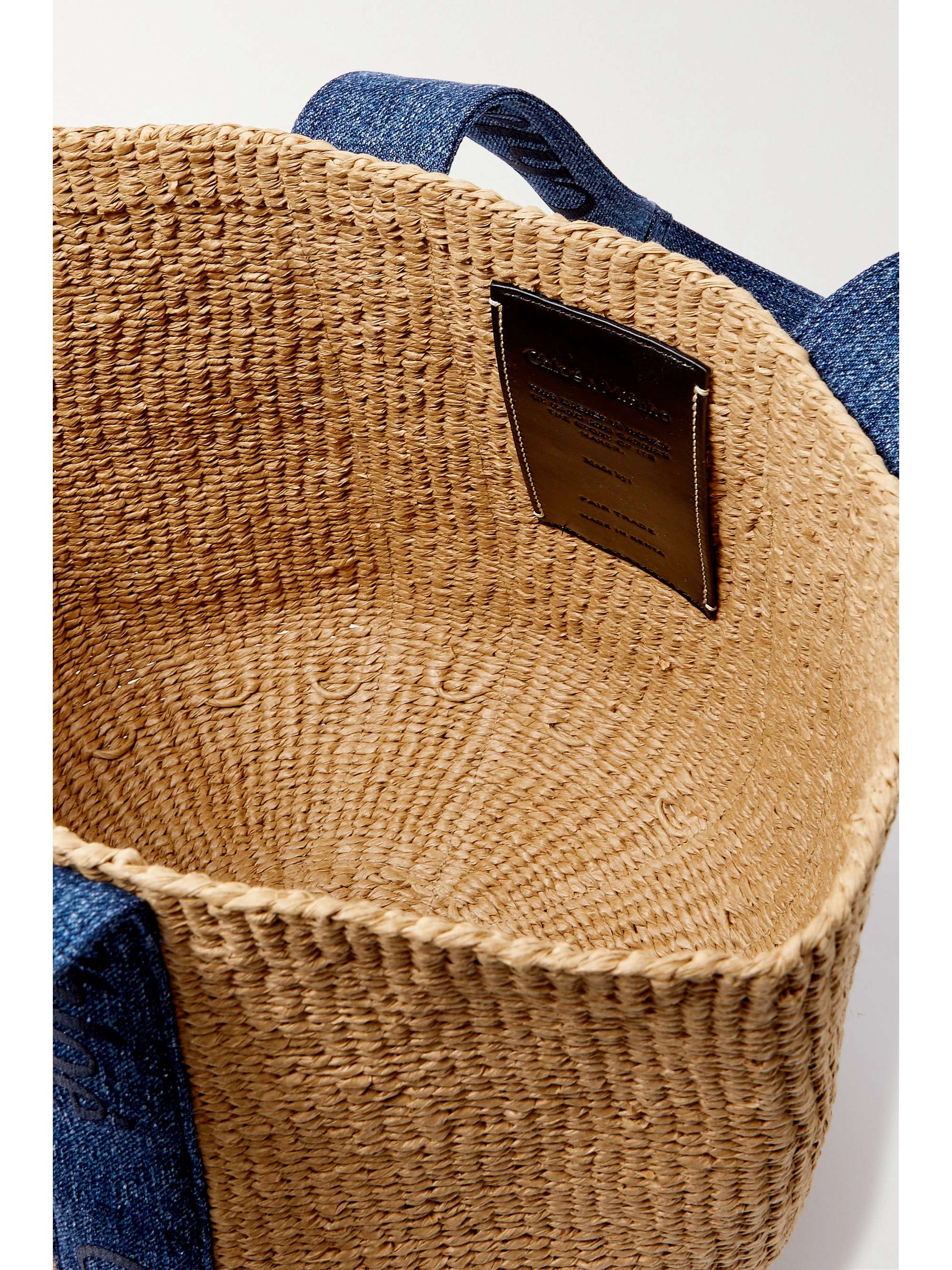 CHLOÉ + NET SUSTAIN Woody large embroidered denim and raffia tote