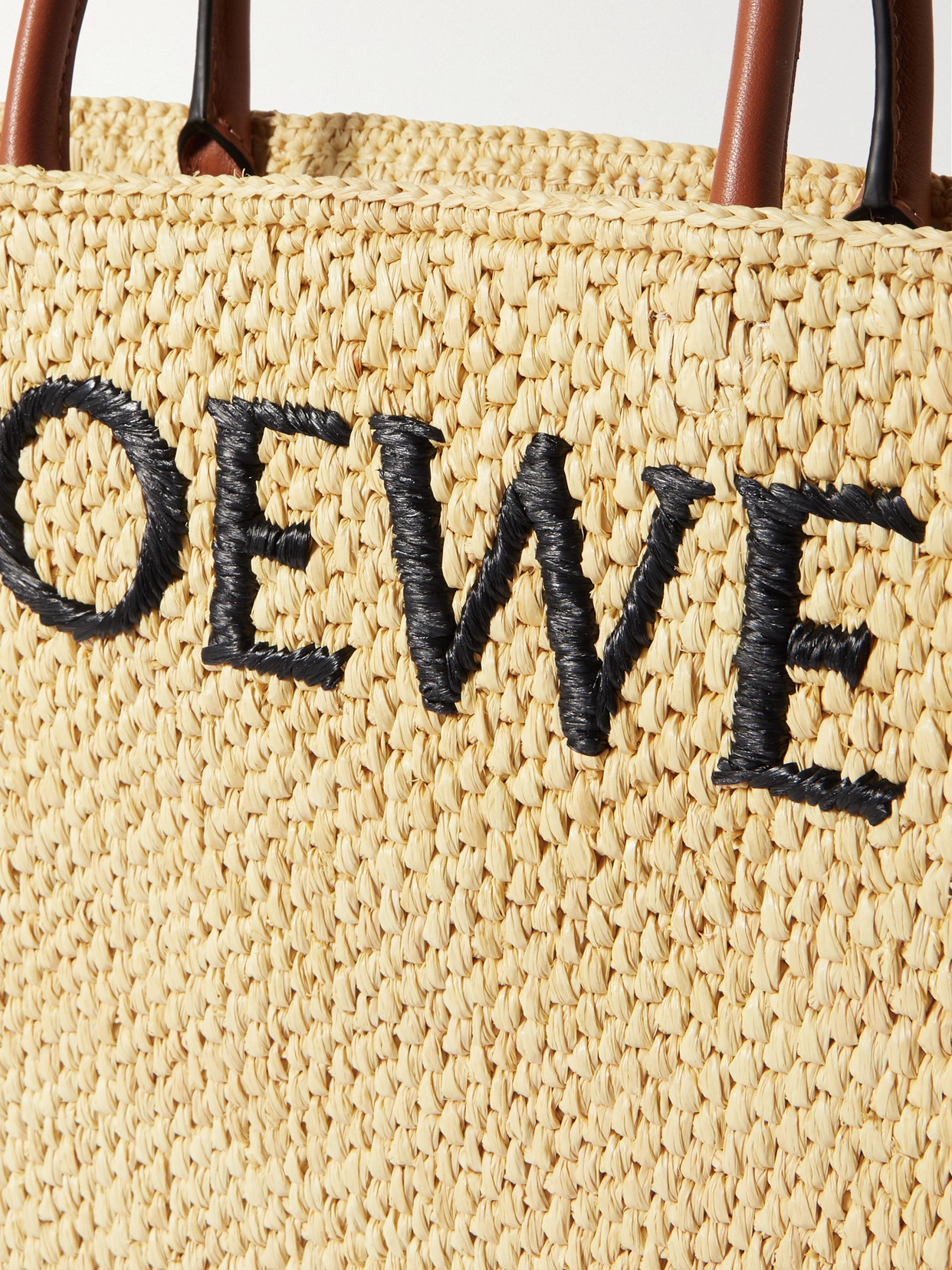 Shop Loewe Leather-trimmed Embroidered Raffia Tote In Neutrals