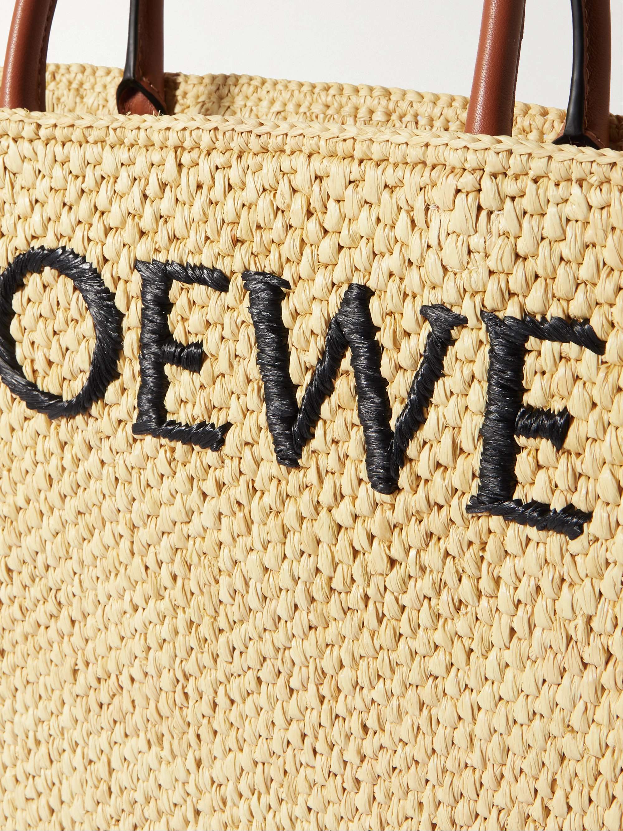 LOEWE Leather-trimmed embroidered raffia tote