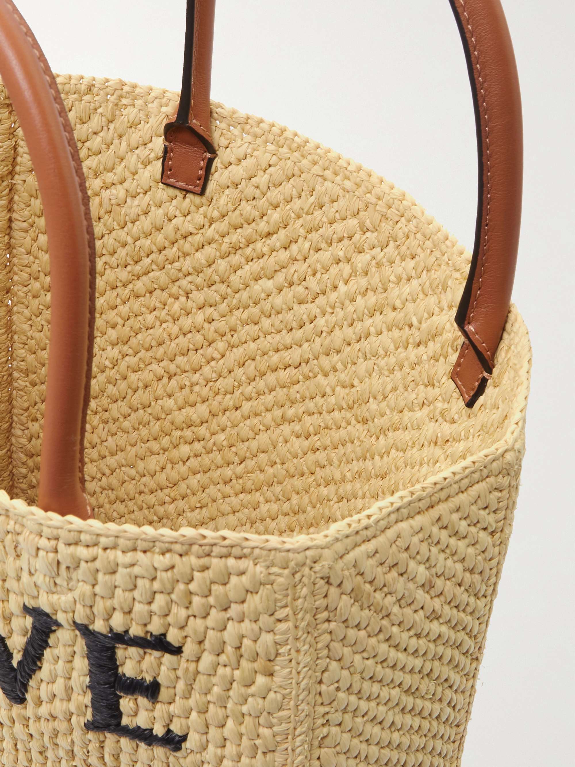 LOEWE Leather-trimmed embroidered raffia tote