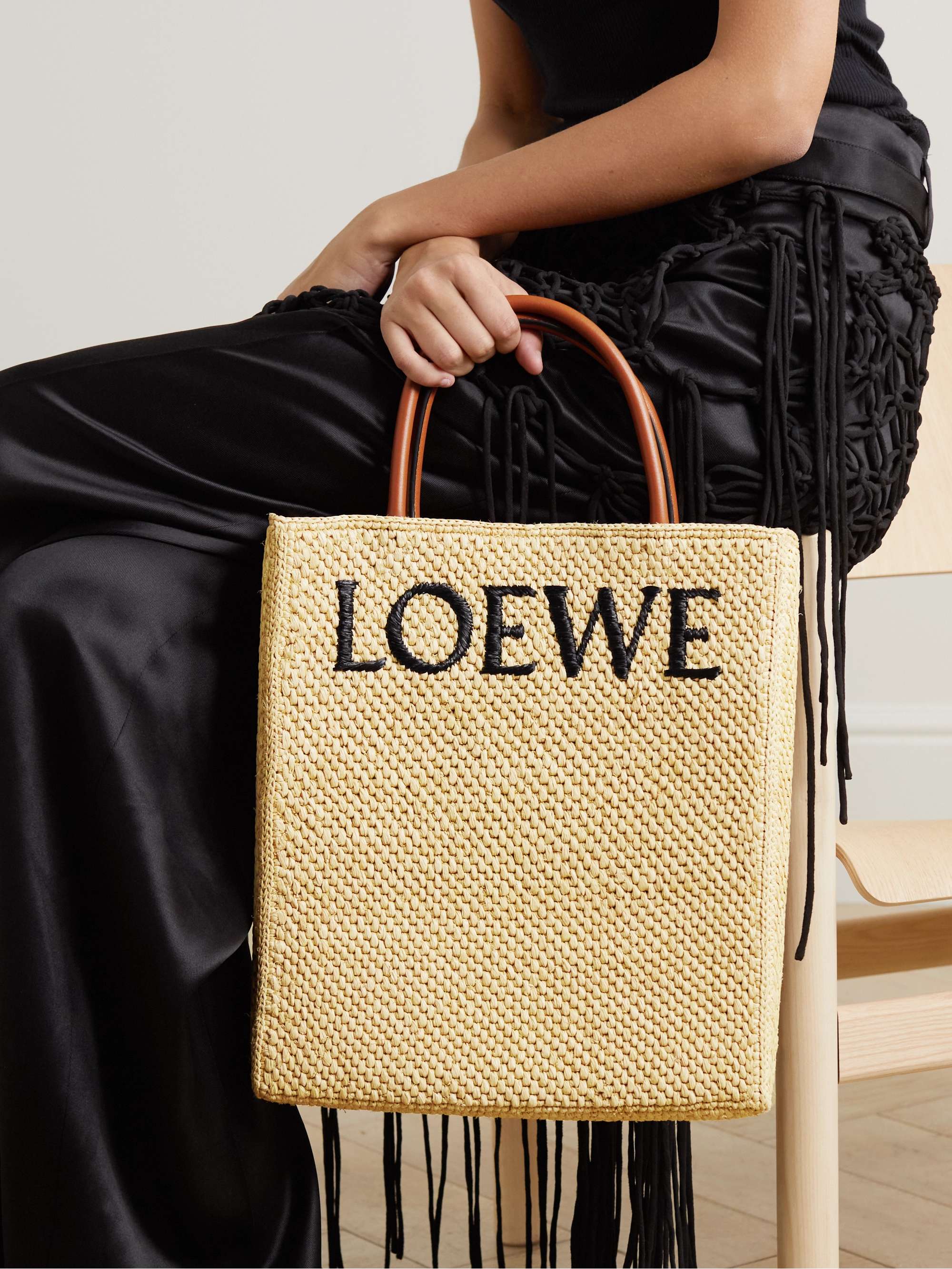 LOEWE Leather-trimmed embroidered raffia tote