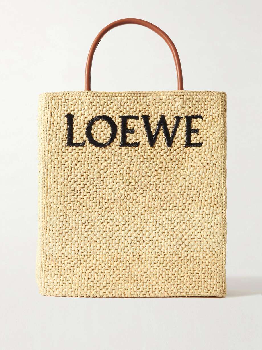 net-a-porter.com | Leather-trimmed embroidered raffia tote