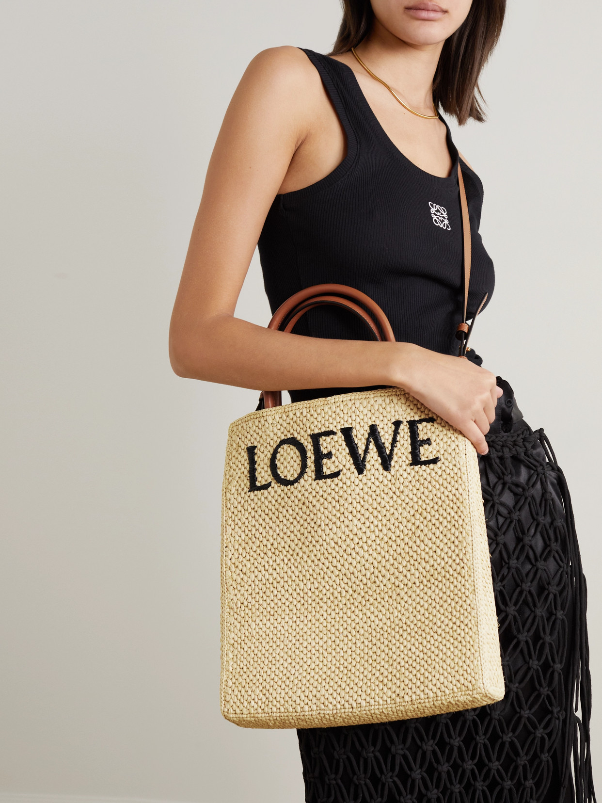 Shop Loewe Leather-trimmed Embroidered Raffia Tote In Neutrals