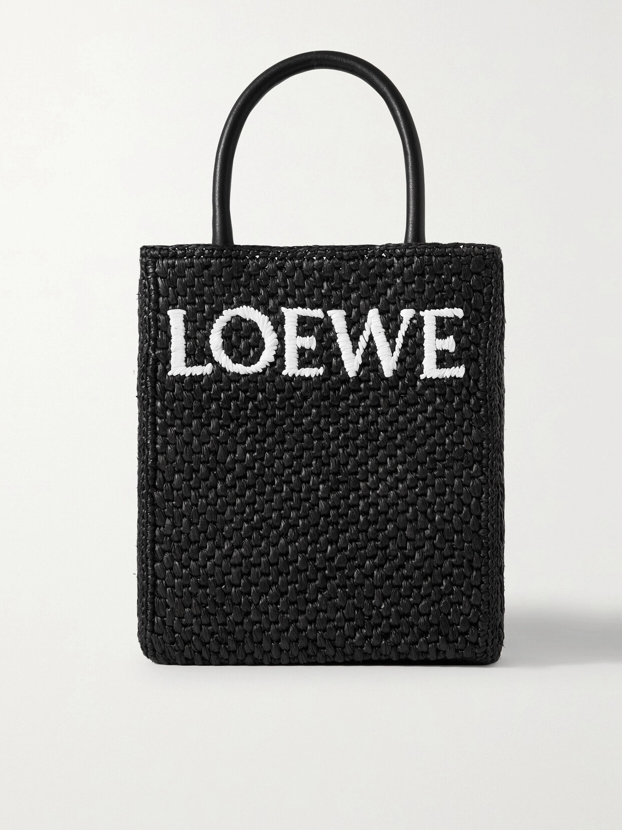 Shop Loewe Leather-trimmed Raffia Tote In Black