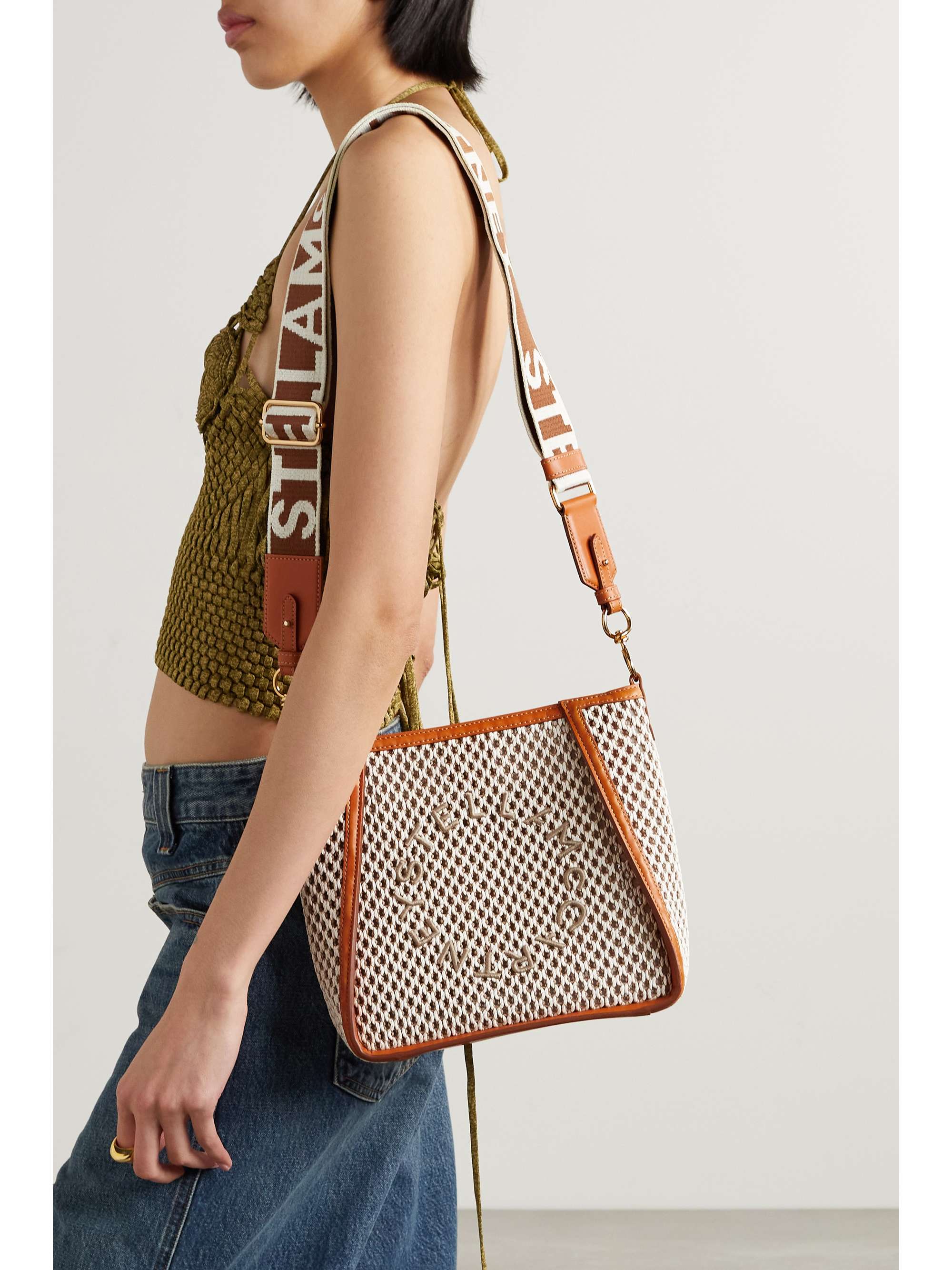 STELLA MCCARTNEY Vegetarian leather-trimmed embroidered rope shoulder bag