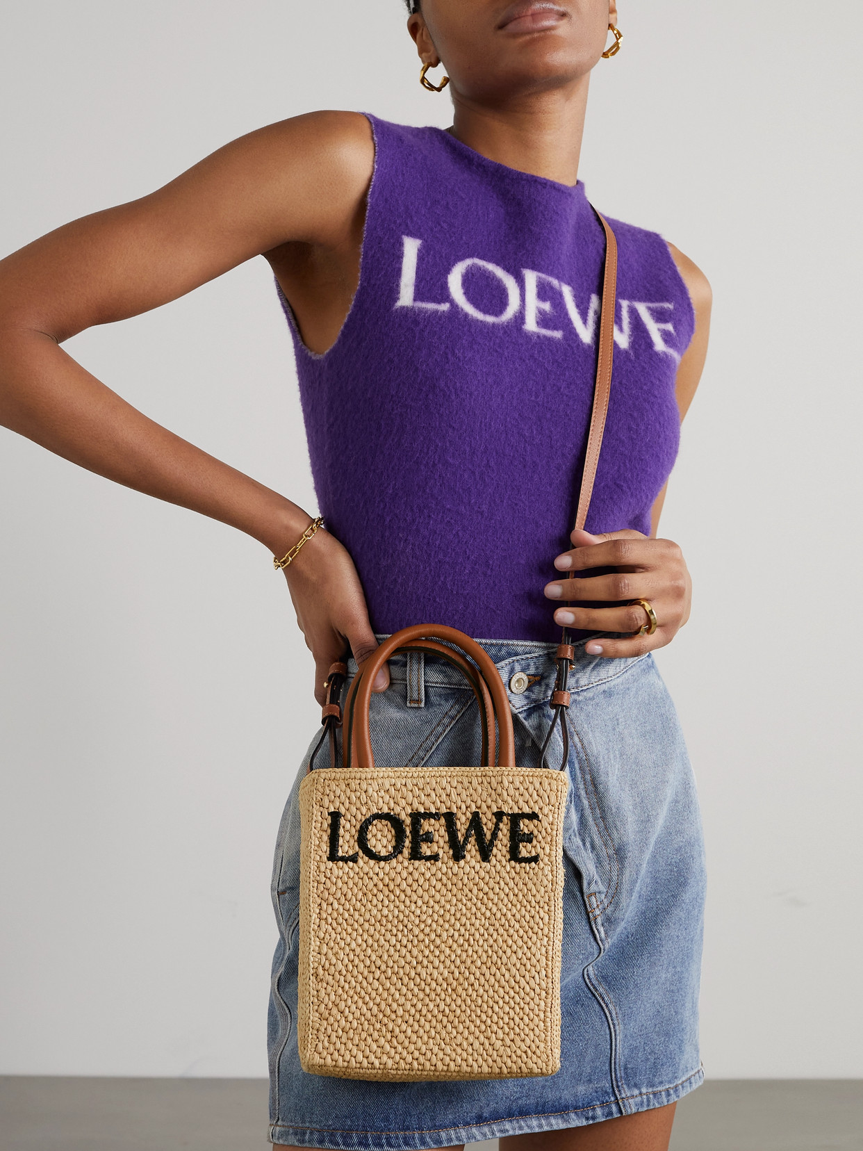 Loewe Leather-trimmed Raffia Tote In Neutrals