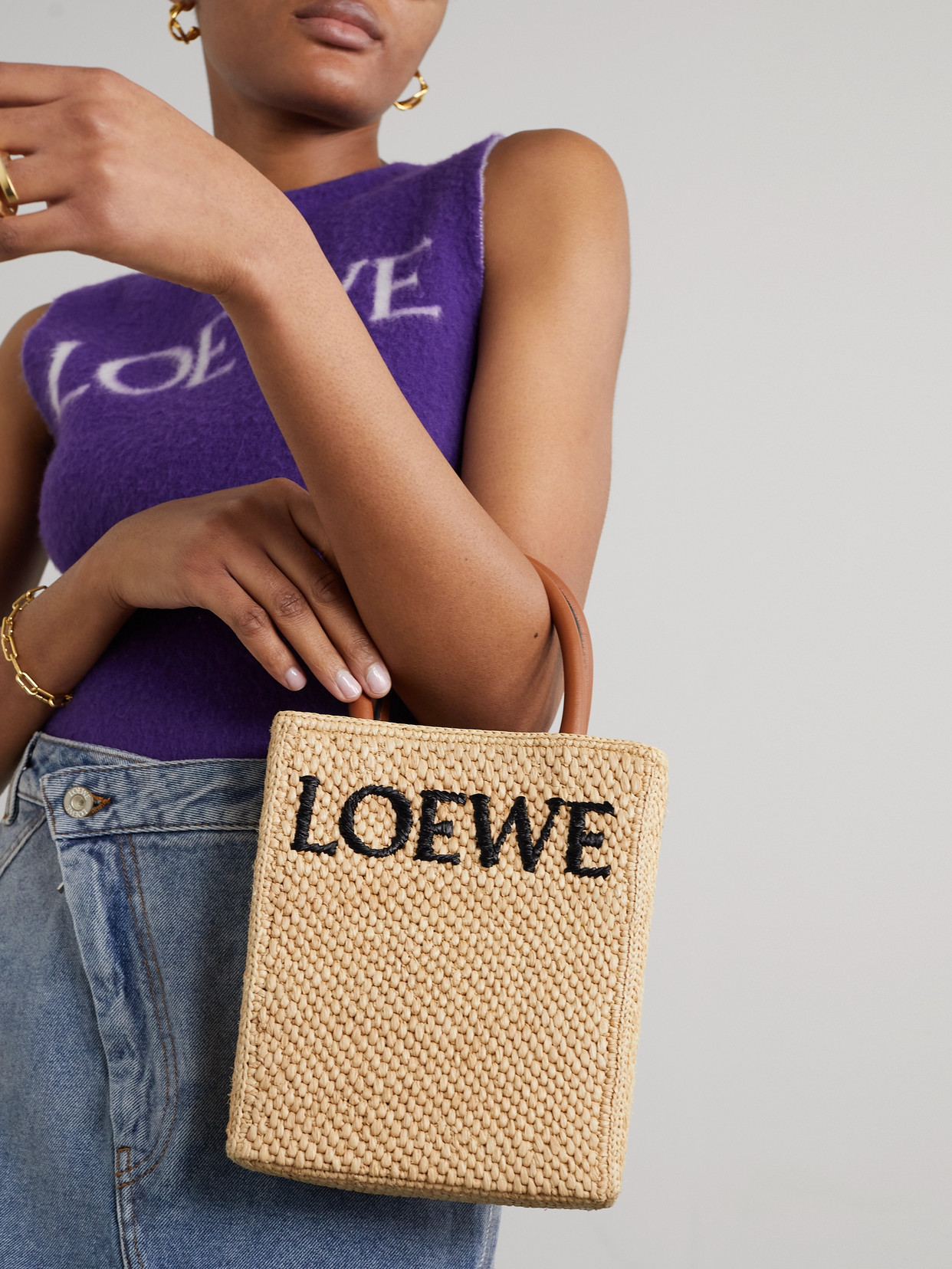 Loewe Leather-trimmed Raffia Tote In Neutrals