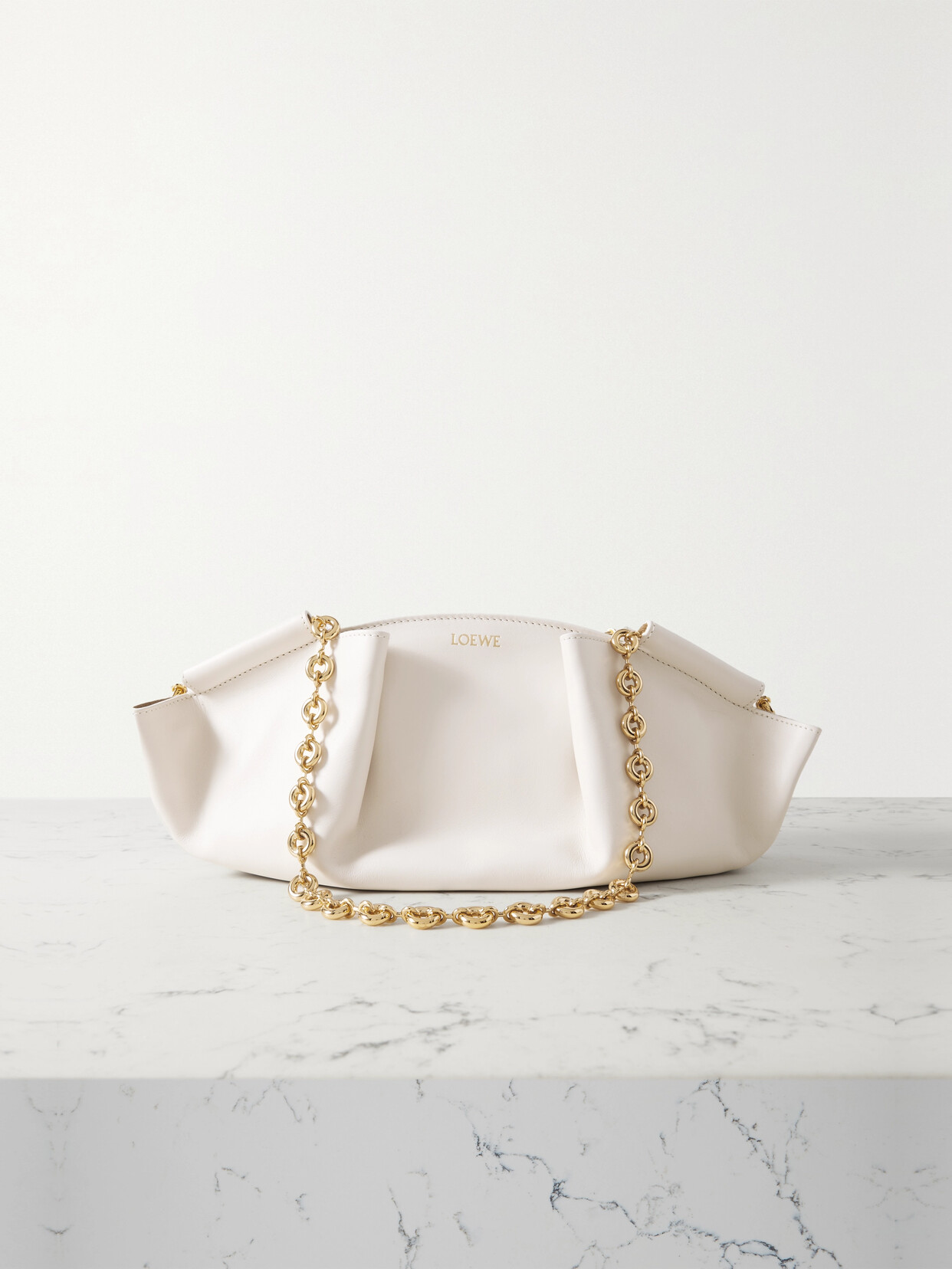 Loewe Paseo Small Pleated Leather Shoulder Bag In White