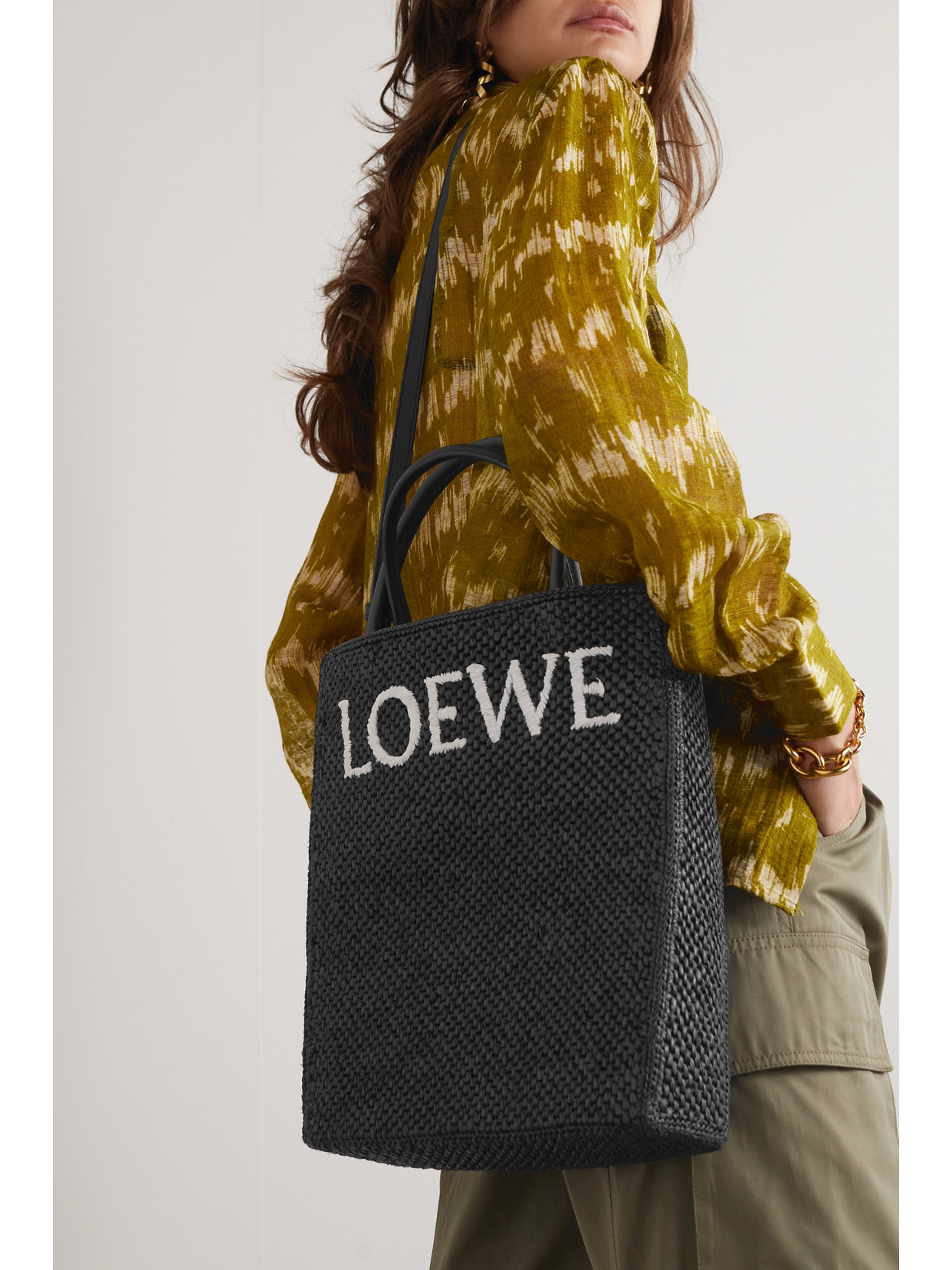 Shop Loewe Standard A4 Leather-trimmed Embroidered Raffia Tote In Black