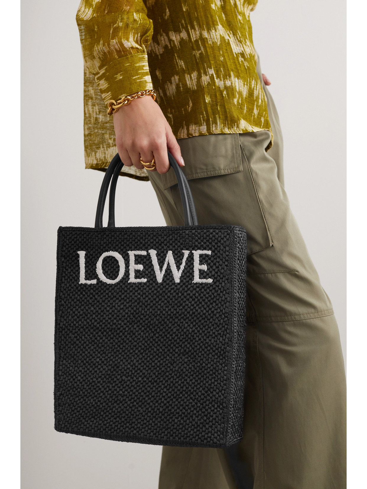 Loewe Standard A4 Leather-trimmed Embroidered Raffia Tote In Black