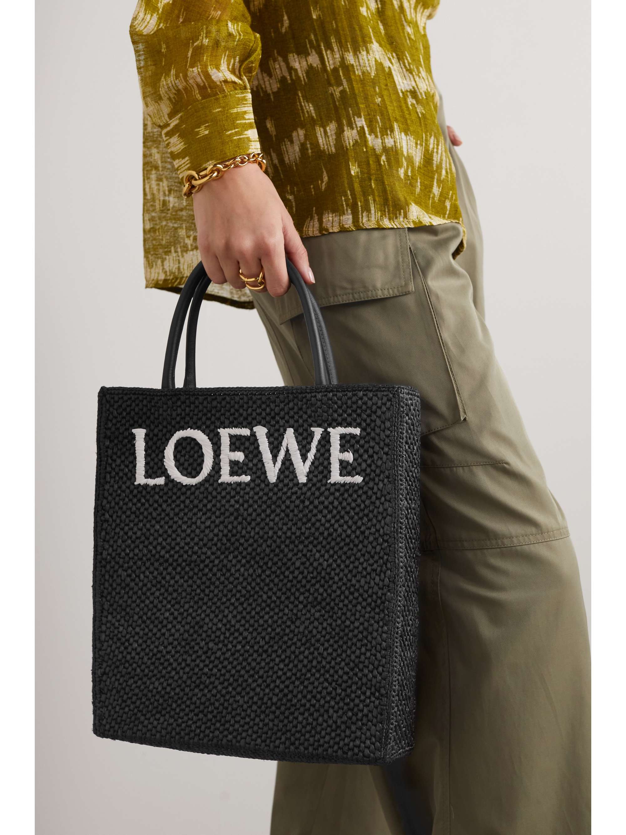 LOEWE Small leather-trimmed woven raffia tote