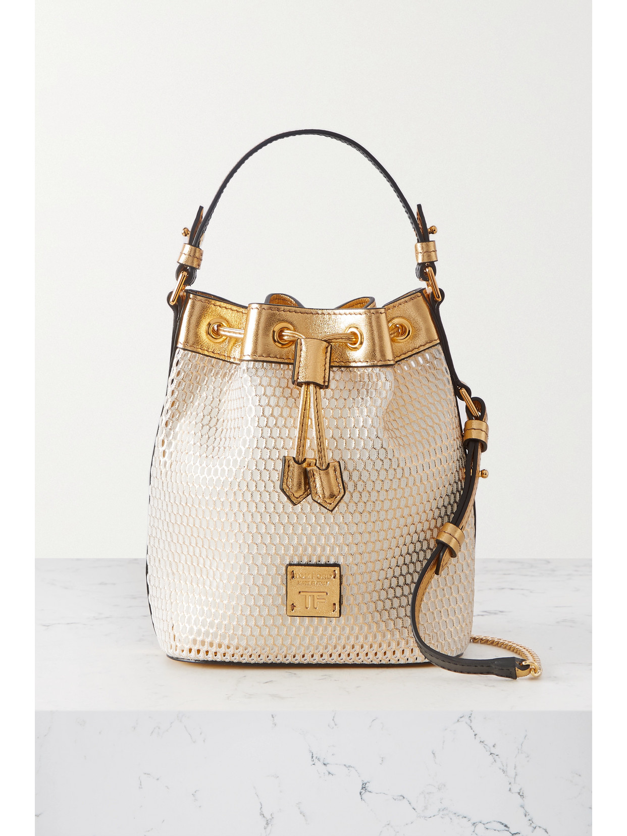 TOM FORD - Disco Metallic Leather-trimmed Mesh Bucket Bag - Gold