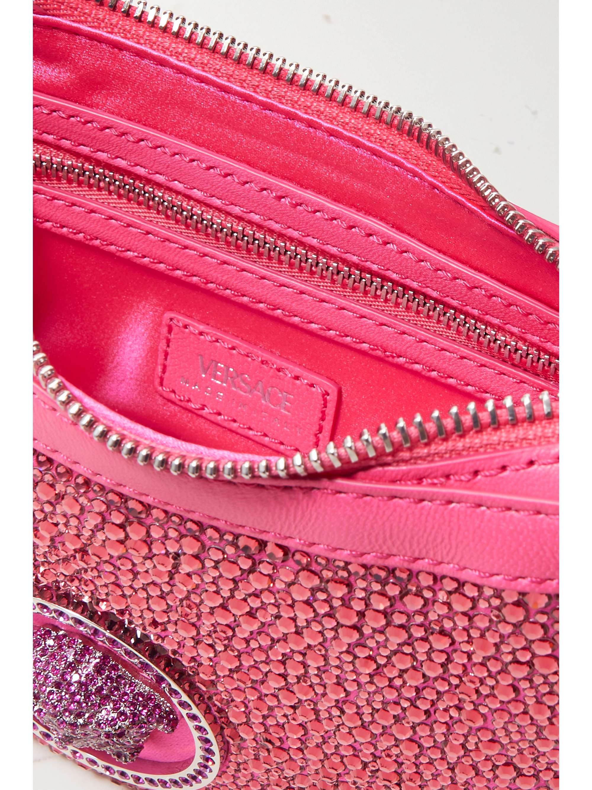 VERSACE Mini crystal-embellished silk and leather shoulder bag
