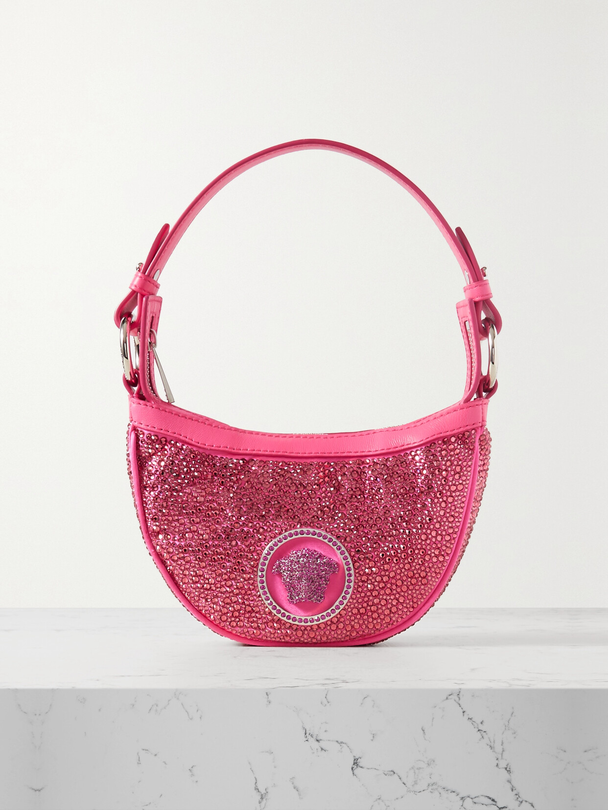 Versace - Mini Crystal-embellished Silk And Leather Shoulder Bag - Pink