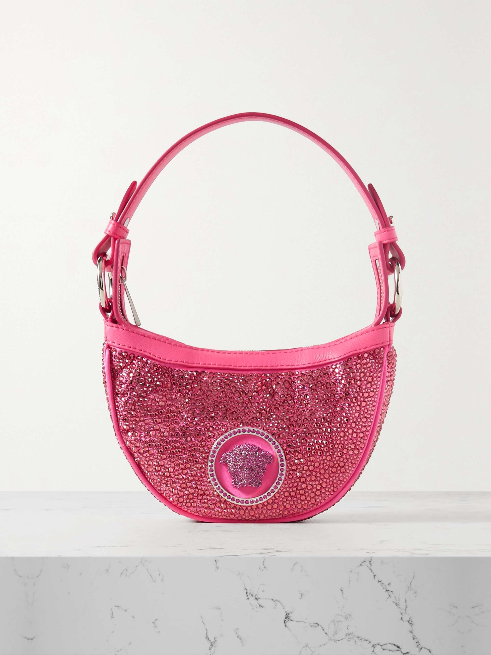 VERSACE Mini crystal-embellished silk and leather shoulder bag | NET-A ...