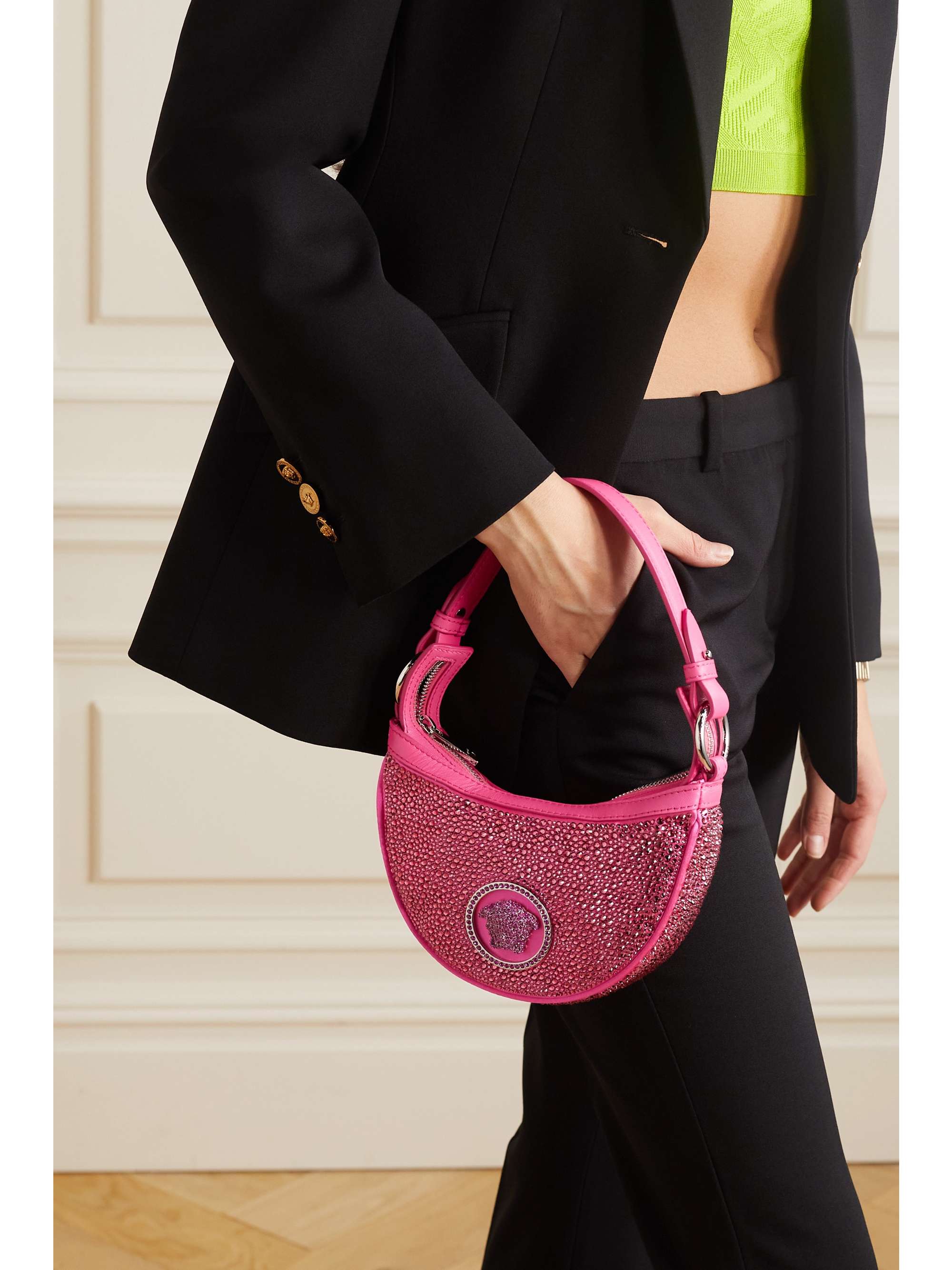 VERSACE Mini crystal-embellished silk and leather shoulder bag