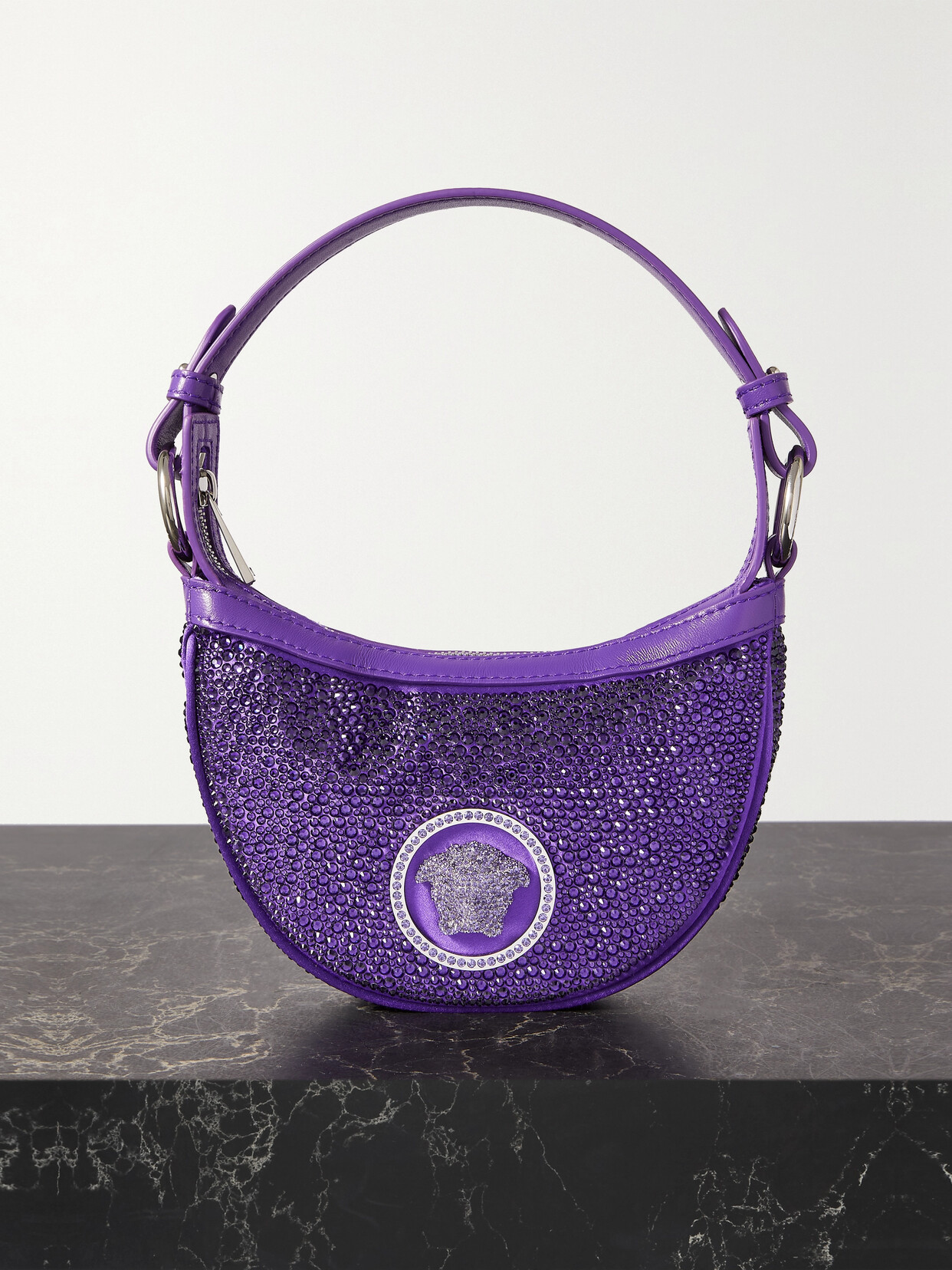 Versace - Mini Crystal-embellished Silk And Leather Shoulder Bag - Purple