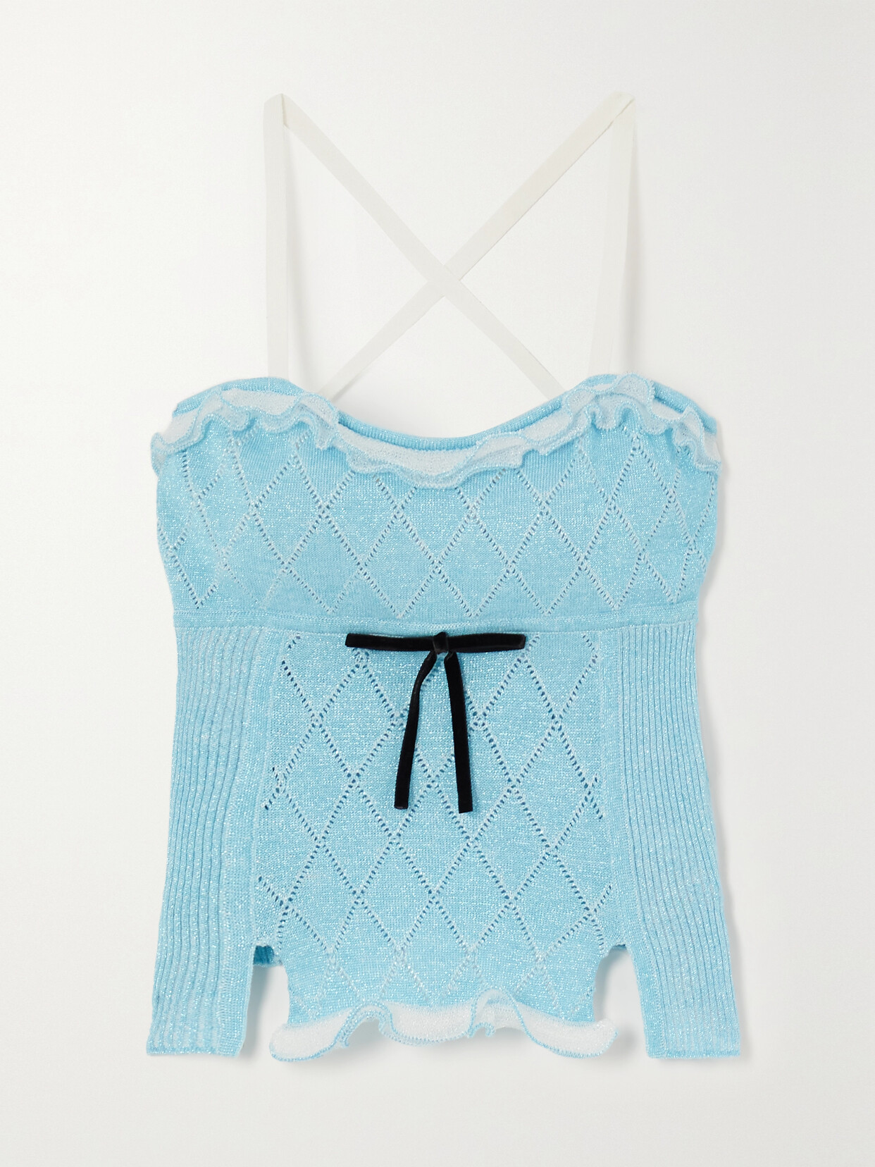 Cormio Heide Velvet-trimmed Pointelle-knit Metallic Cotton-blend Camisole In Blue
