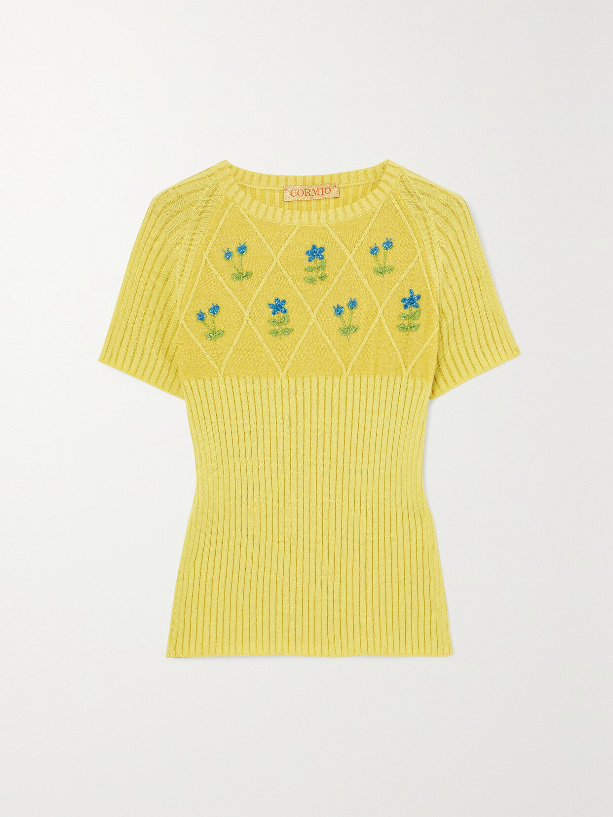 Cormio - Diamond Embroidered Ribbed Metallic Cotton-blend Top - Yellow